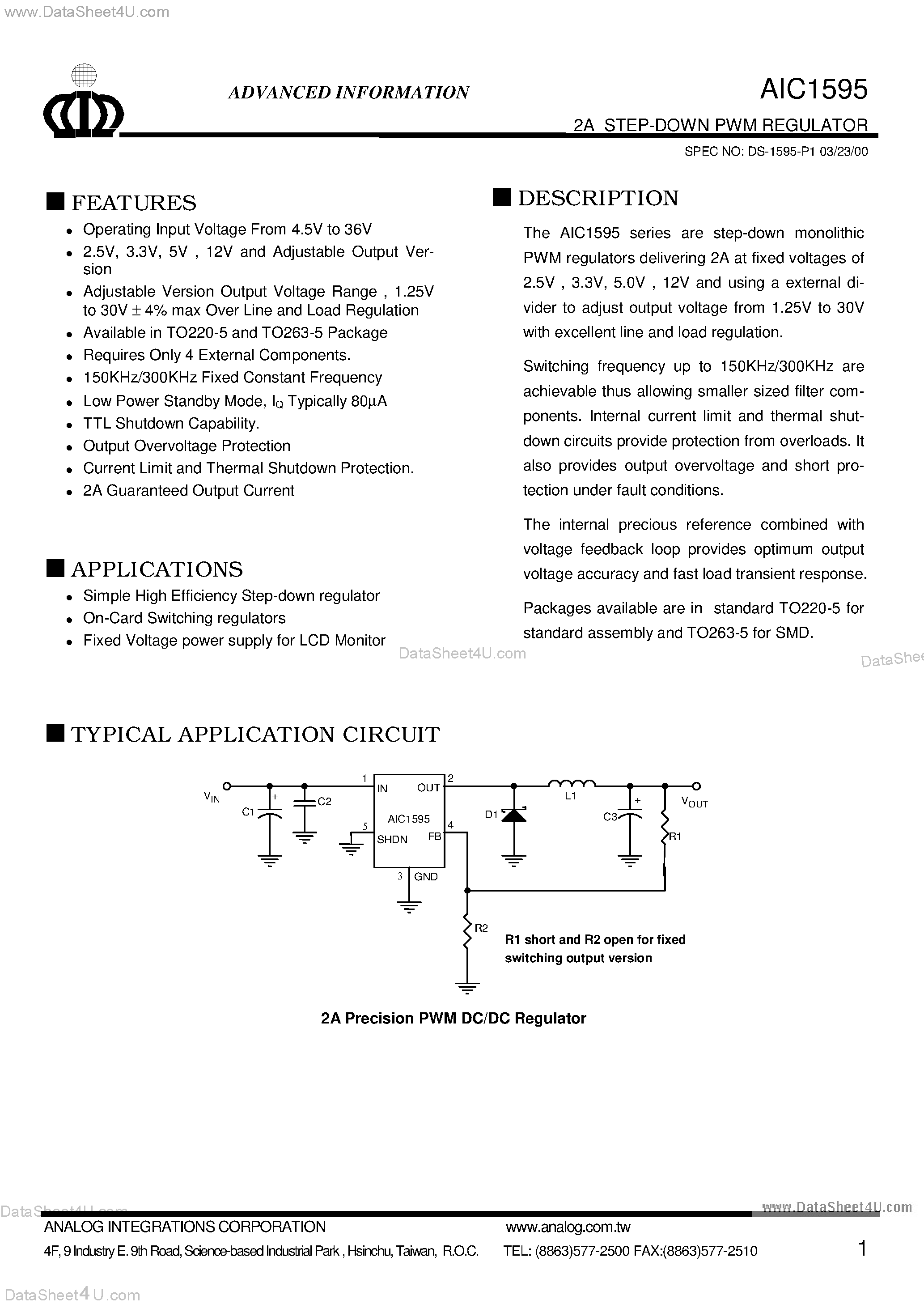 Даташит AIC1595 - 2A STEP-DOWN PWM REGULATOR страница 1