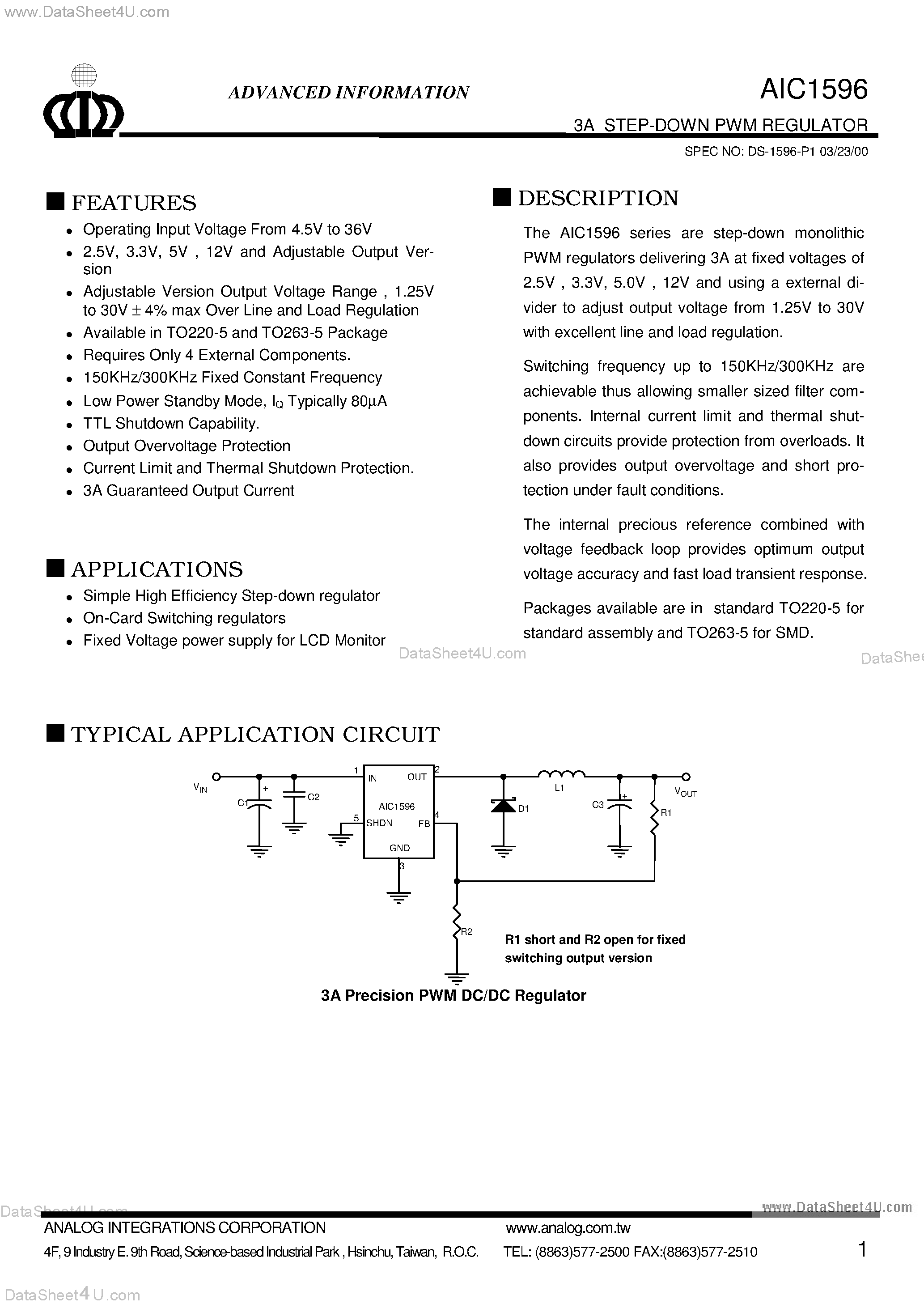 Даташит на микросхему AIC1596 страница 1 Даташит AIC1596 - 3A STEP-DOWN PWM REGULATOR страница 1
