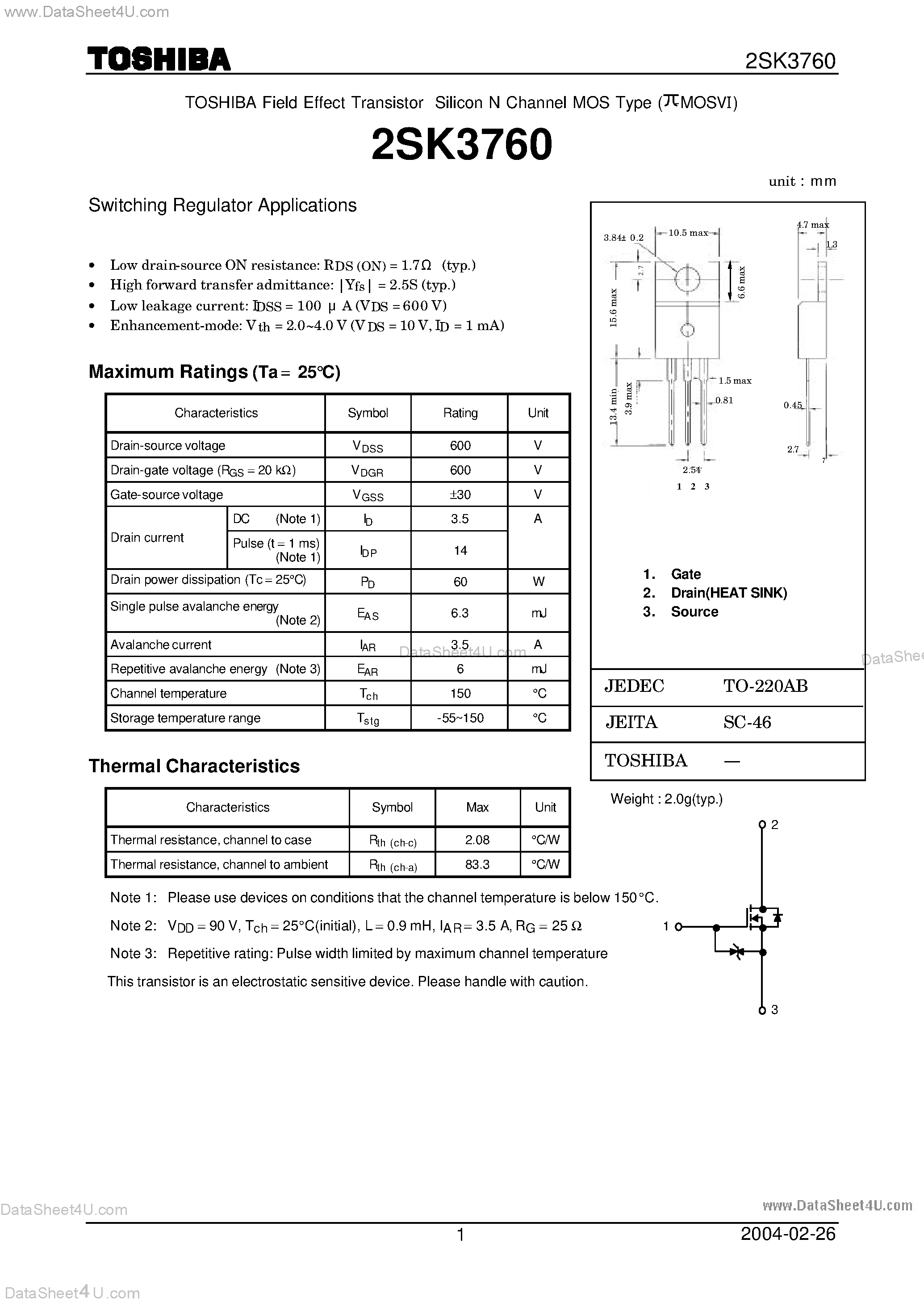 Datasheet 2SK3760 - TOSHIBA Field Effect Transistor Silicon N Channel MOS Type (PIE-MOS6) page 1