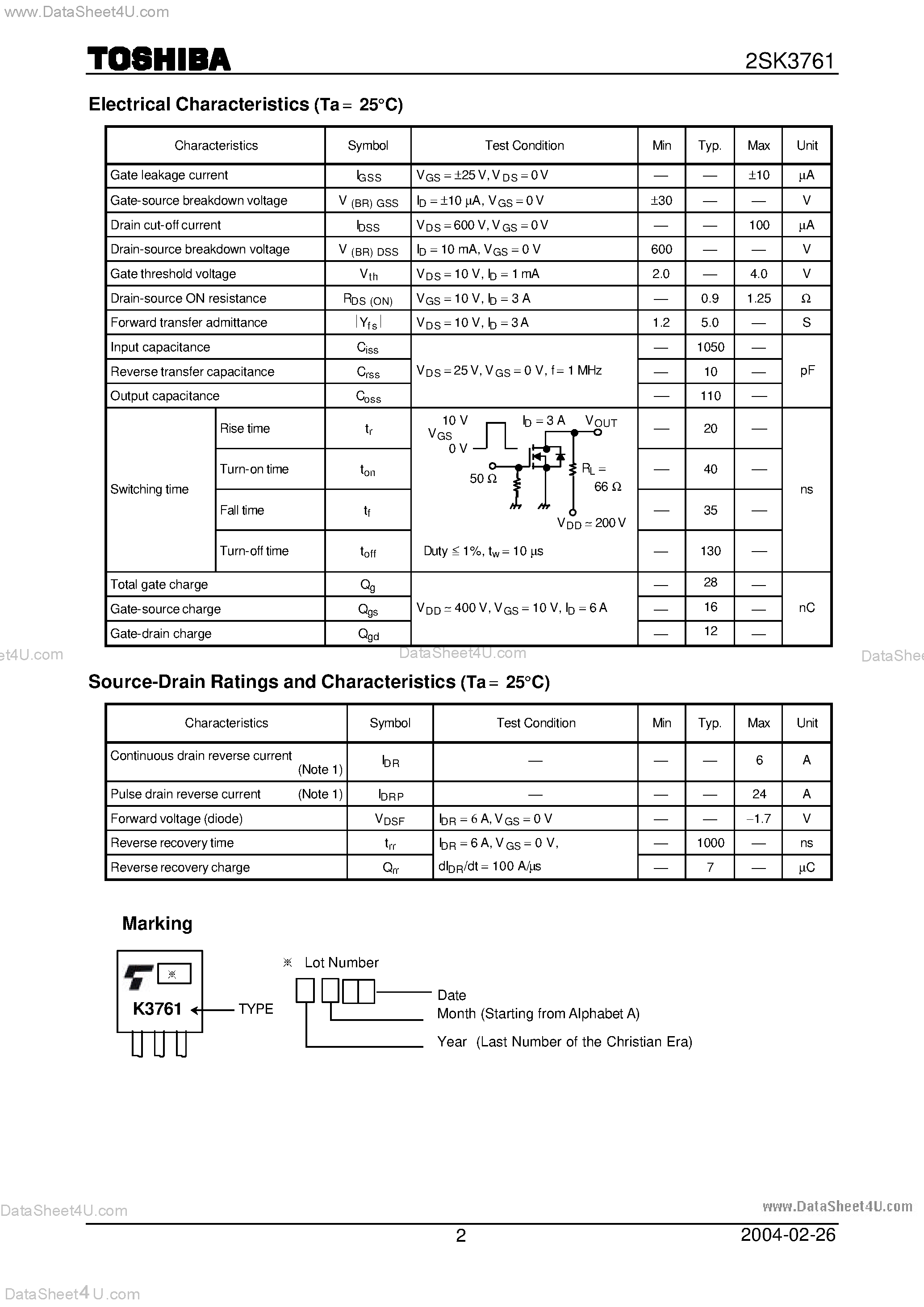 Datasheet 2SK3761 - TOSHIBA Field Effect Transistor Silicon N Channel MOS Type (PIE-MOS4) page 2