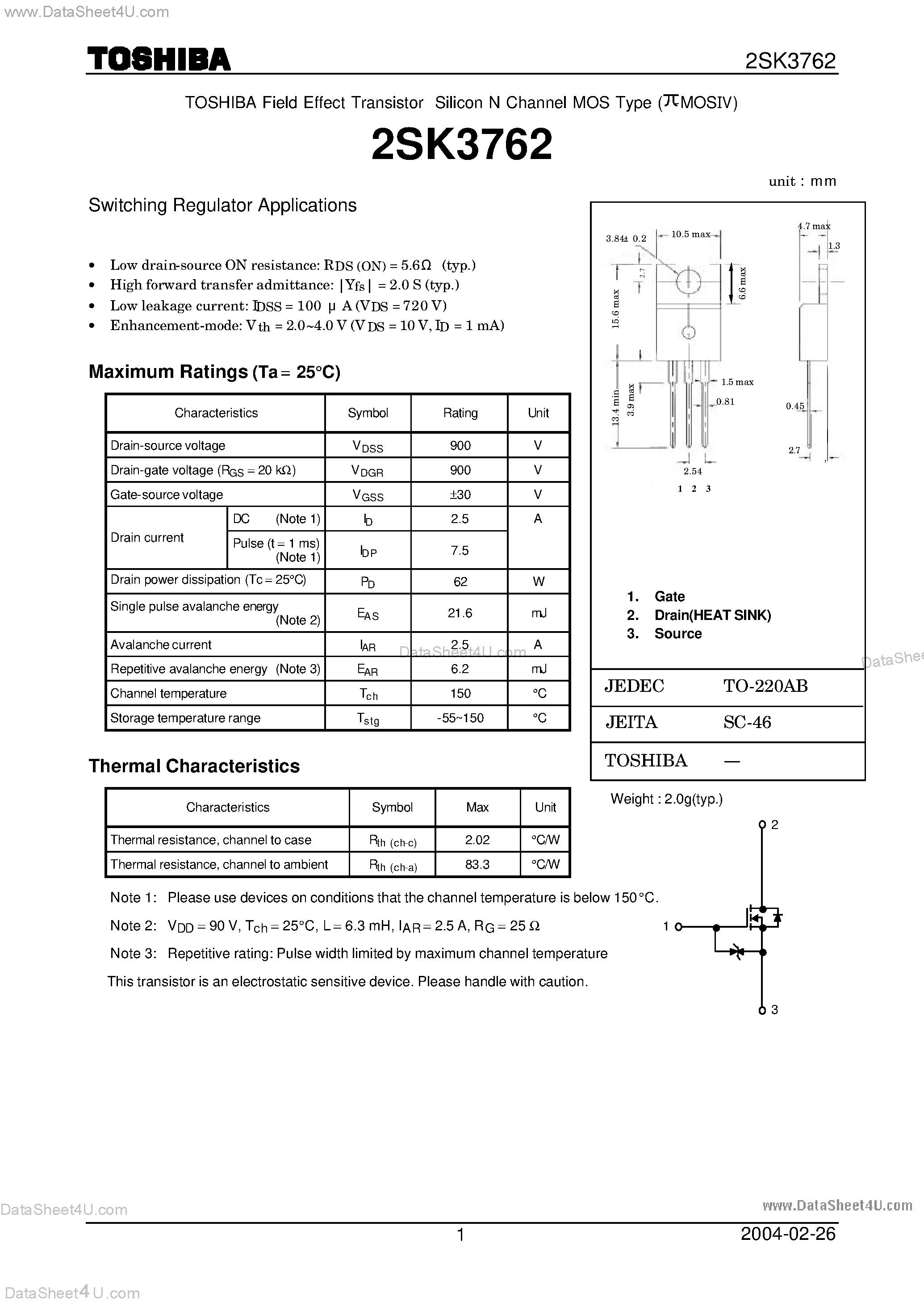Datasheet 2SK3762 - TOSHIBA Field Effect Transistor Silicon N Channel MOS Type page 1