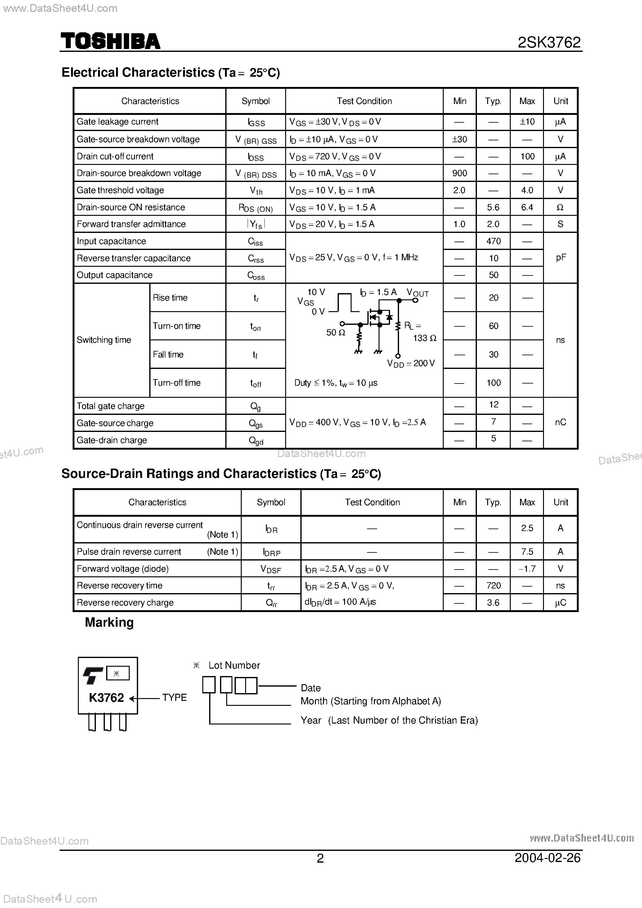Datasheet 2SK3762 - TOSHIBA Field Effect Transistor Silicon N Channel MOS Type page 2