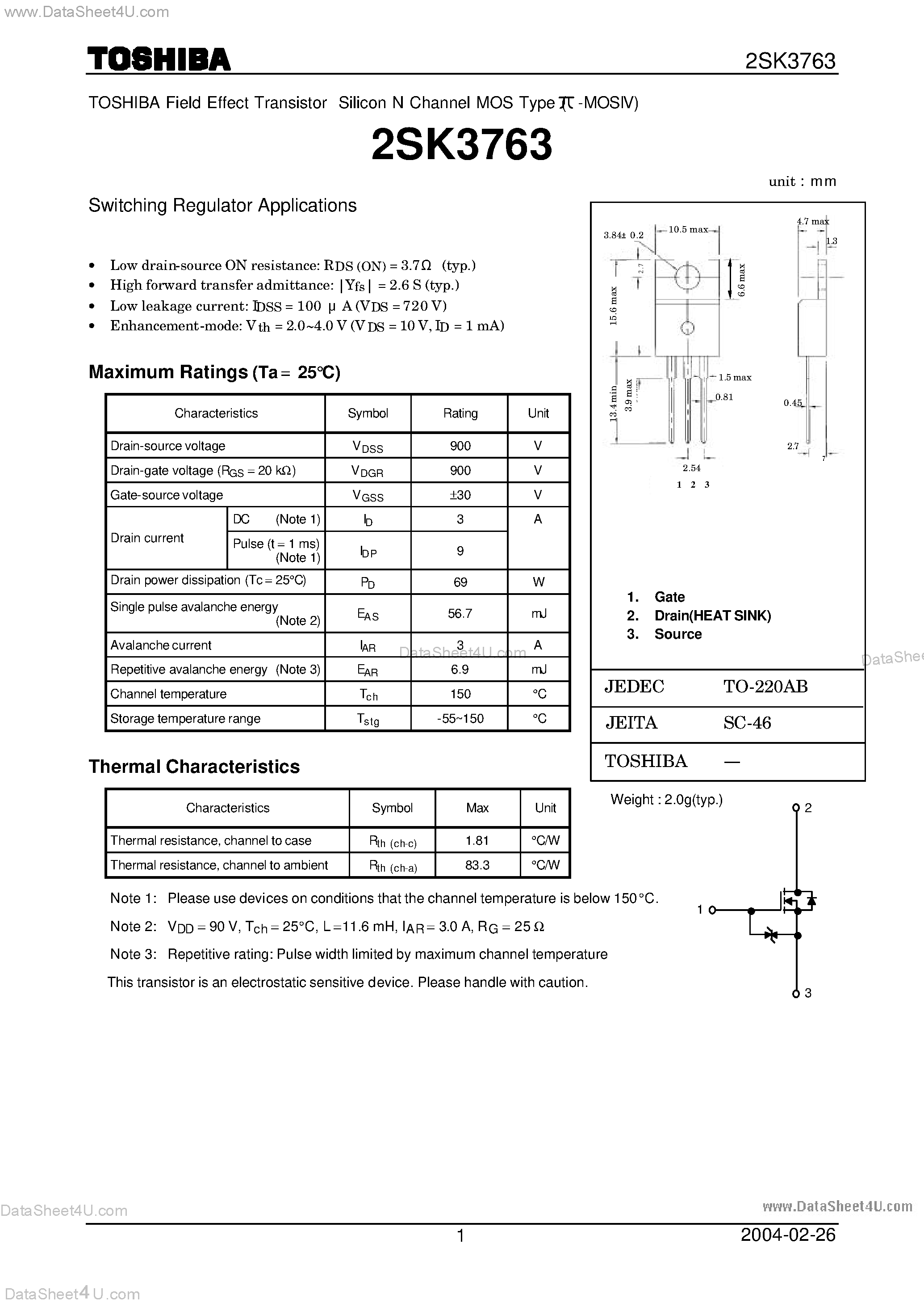 Datasheet 2SK3763 - Field Effect Transistor Silicon N Channel MOS Type (pi -MOSIV) page 1