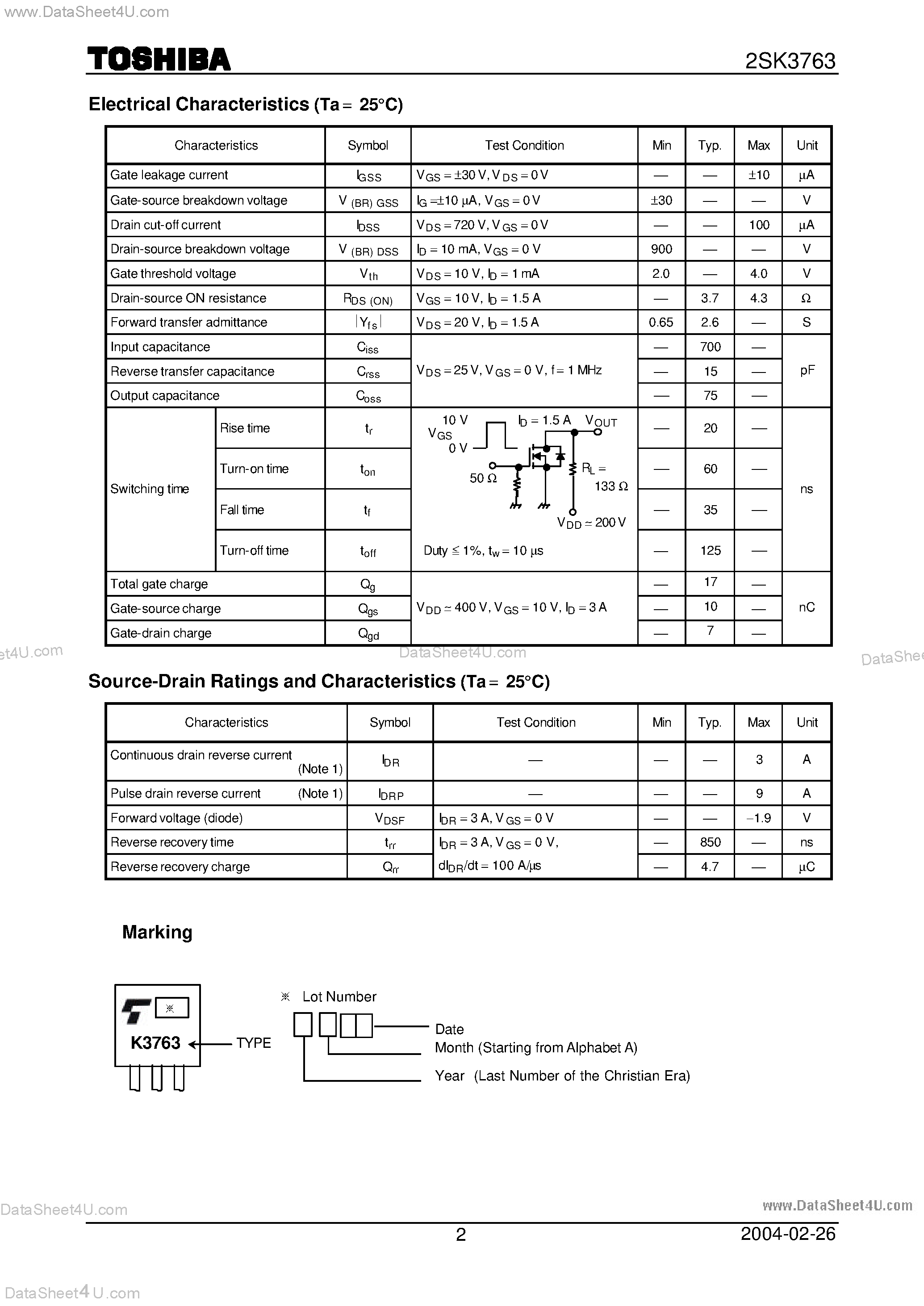 Datasheet 2SK3763 - Field Effect Transistor Silicon N Channel MOS Type (pi -MOSIV) page 2