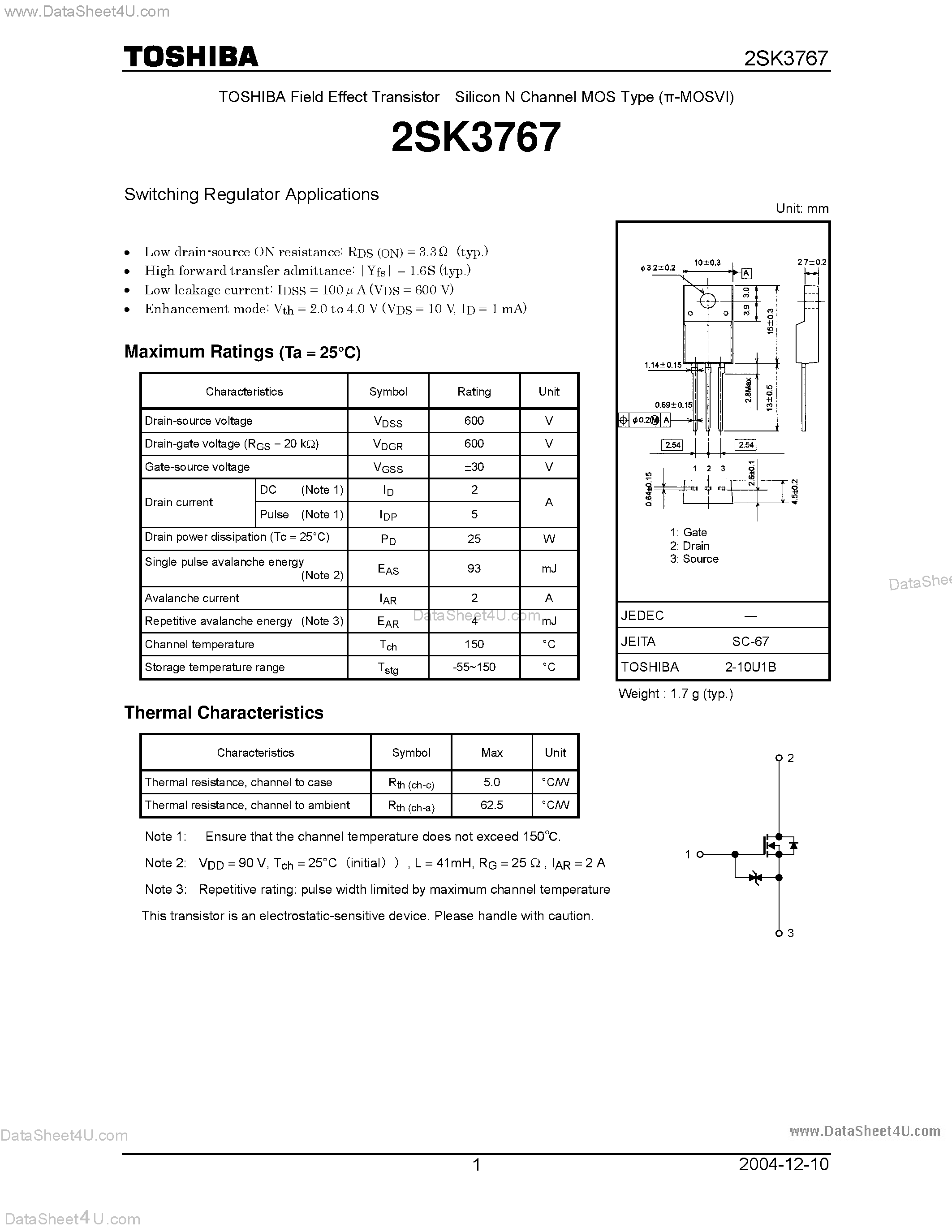 Datasheet 2SK3767 - Silicon N Channel MOS Type Switching Regulator Applications page 1