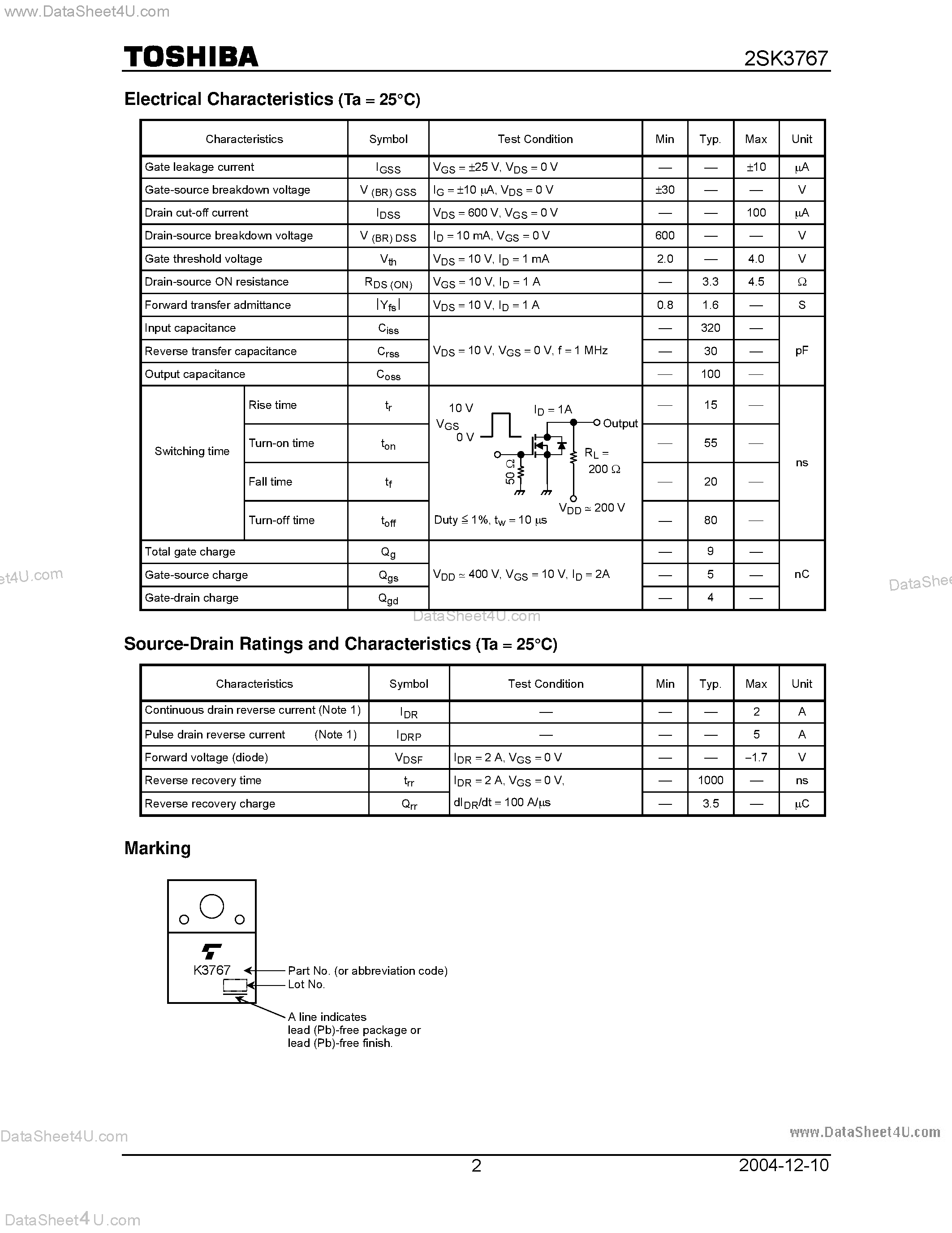 Datasheet 2SK3767 - Silicon N Channel MOS Type Switching Regulator Applications page 2