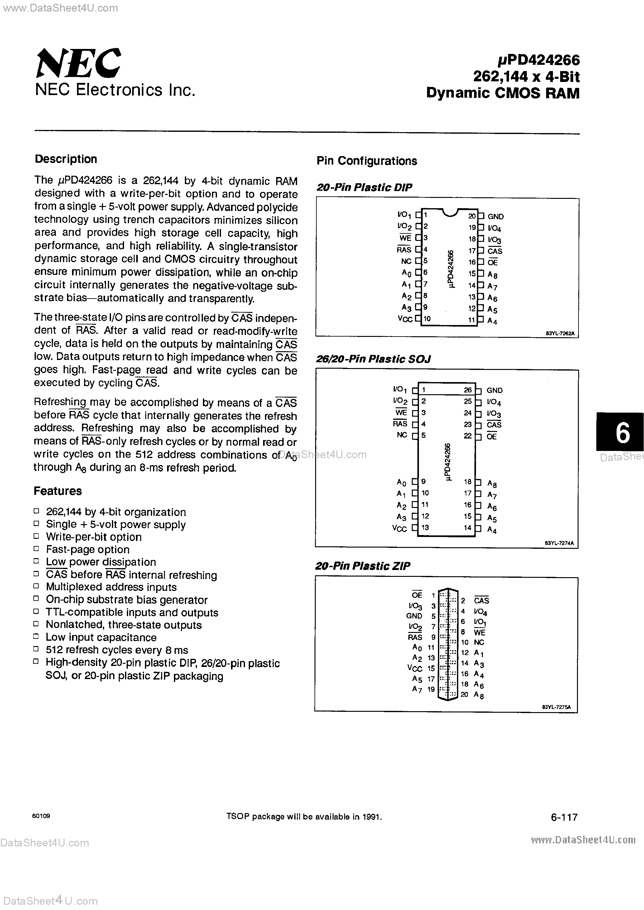 Datasheet UPD424266 page 1 Datasheet UPD424266 - 256K x 4-Bit CMOD DRAM page 1