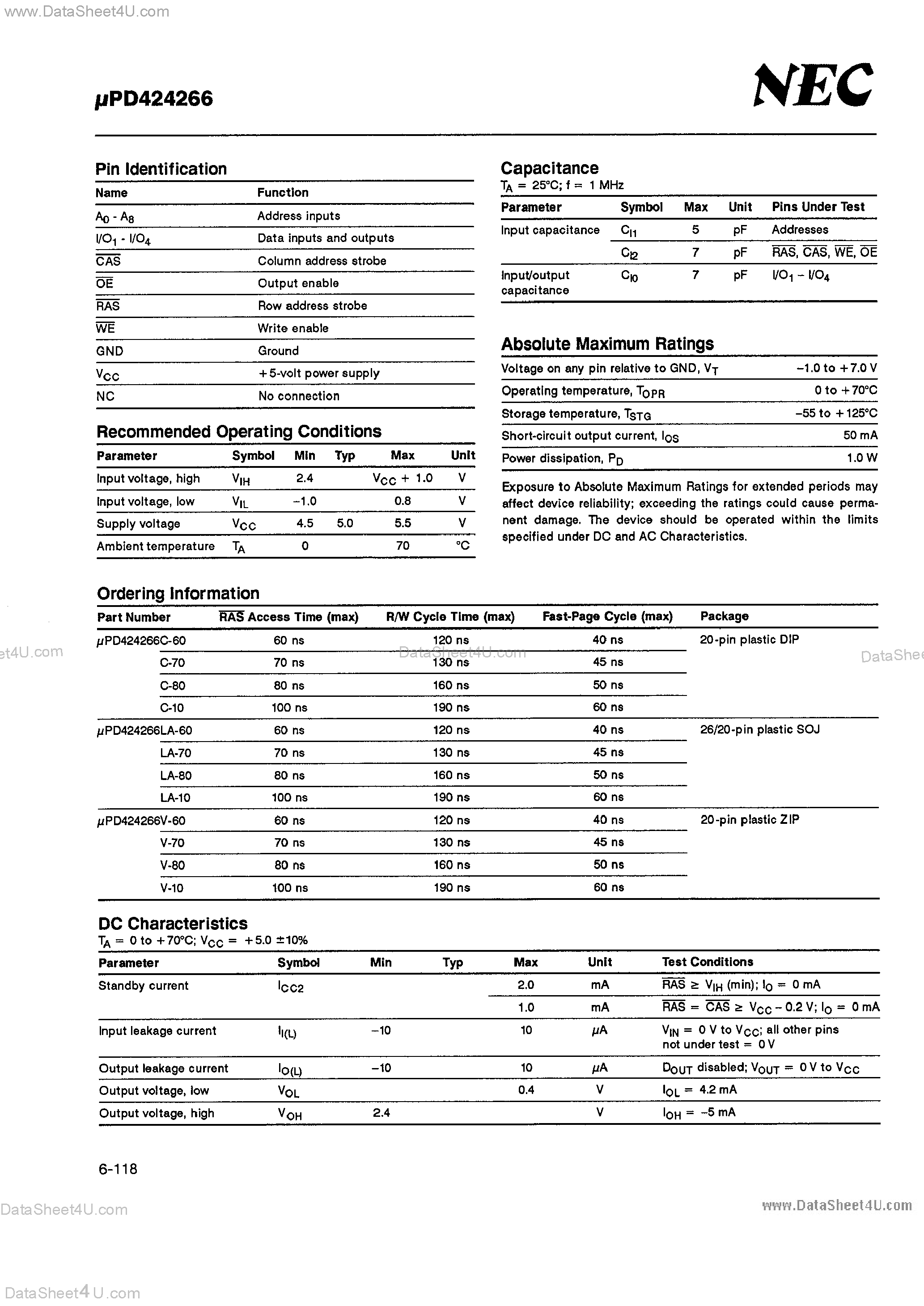 Datasheet UPD424266 page 2 Datasheet UPD424266 - 256K x 4-Bit CMOD DRAM page 2