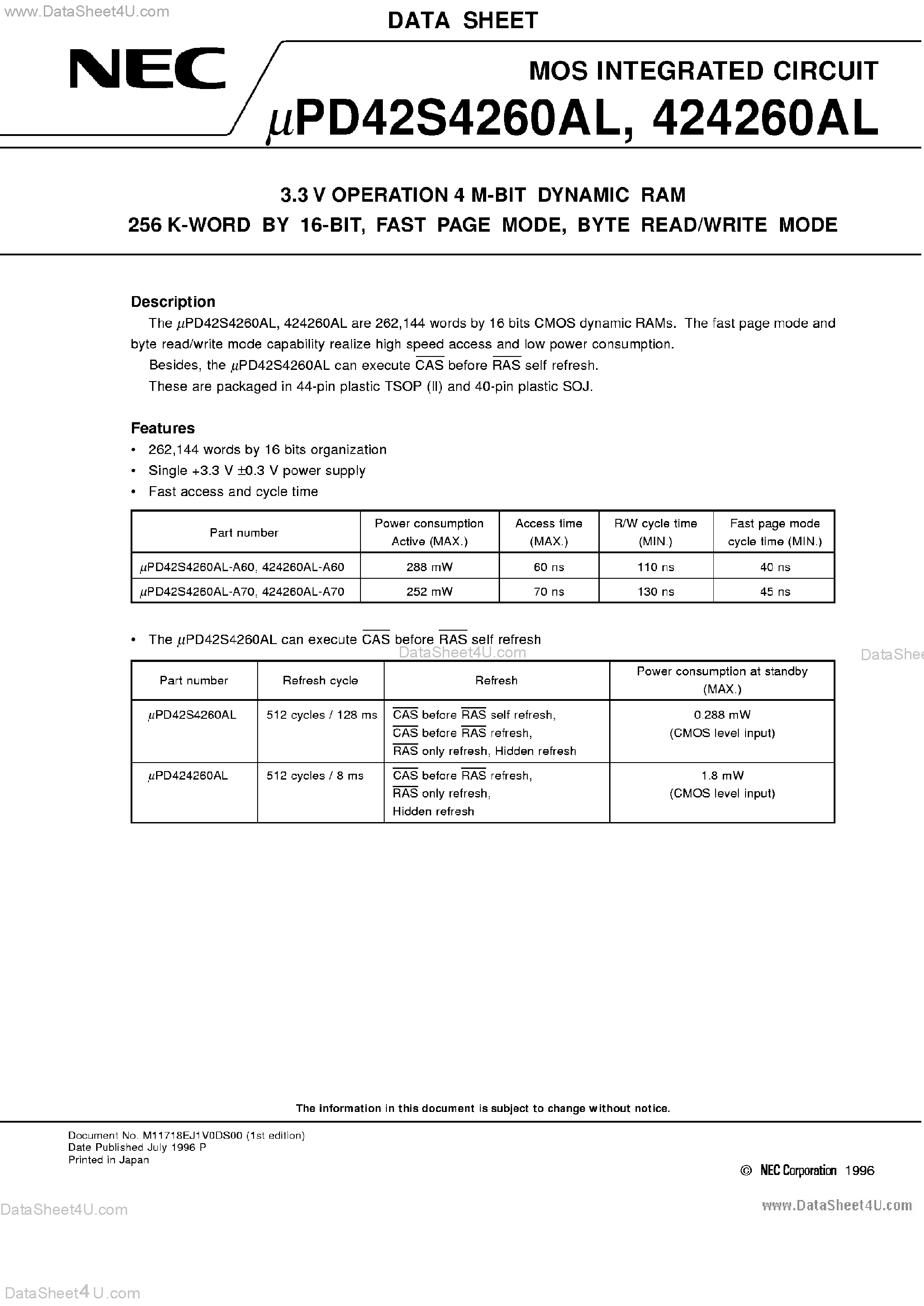 Datasheet UPD424260AL - 3.3V Operation 4M-Bit DRAM page 1