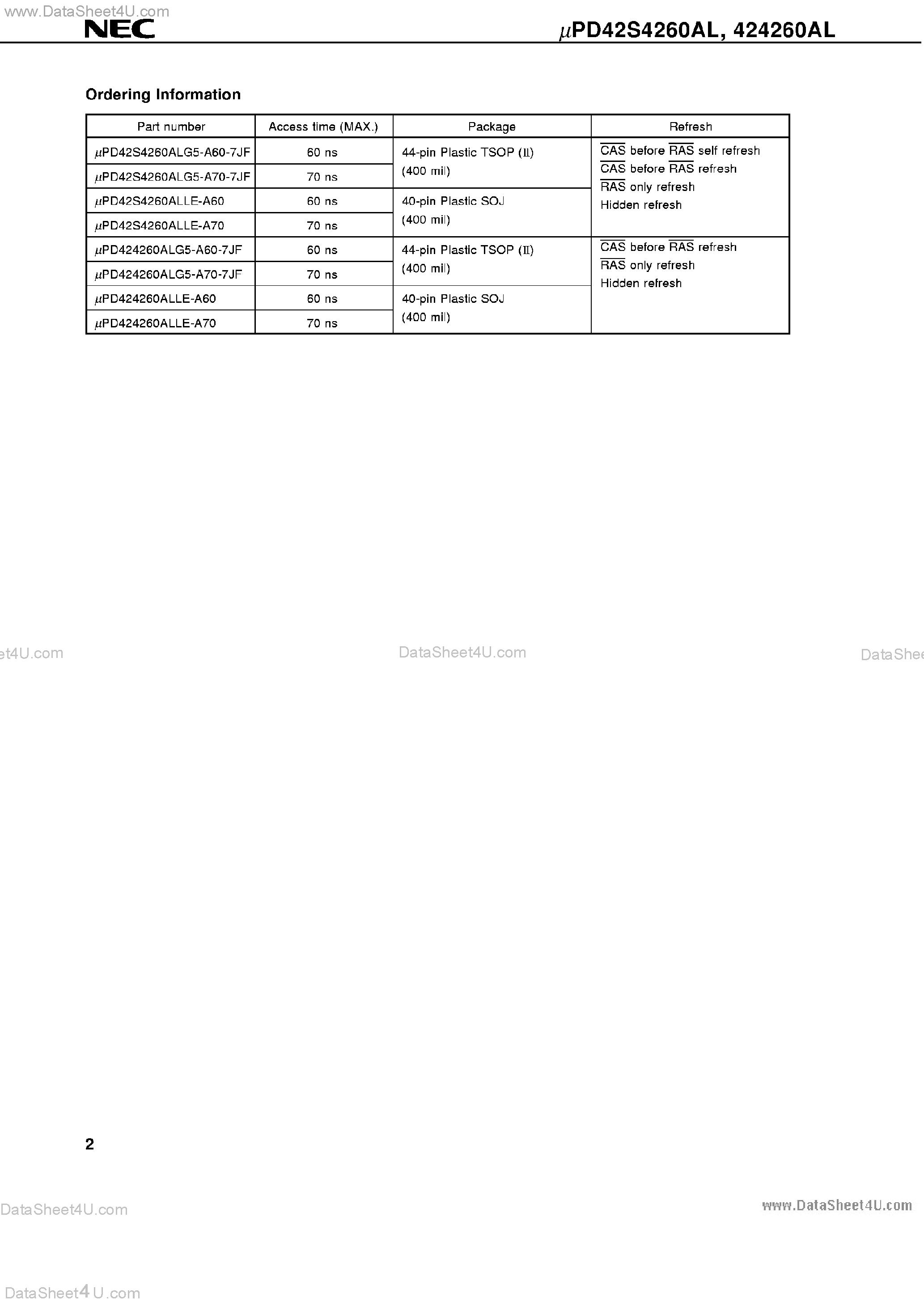 Datasheet UPD424260AL - 3.3V Operation 4M-Bit DRAM page 2