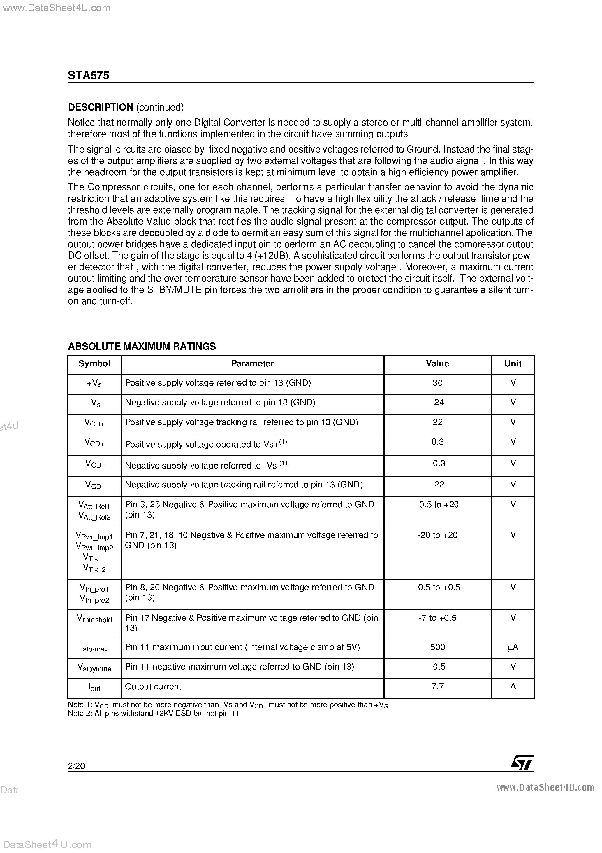 Даташит на микросхему STA575 страница 2 Даташит STA575 - 100+100W STEREO BASH POWER AMPLIFIER страница 2