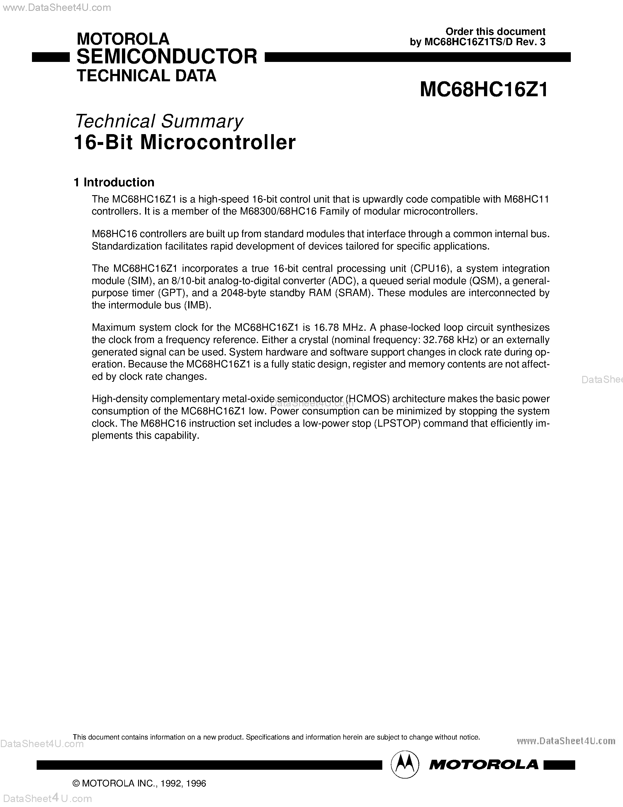 Даташит на микросхему MC68HC16Z1 страница 1 Даташит MC68HC16Z1 - Single Chip Microcontrollers страница 1
