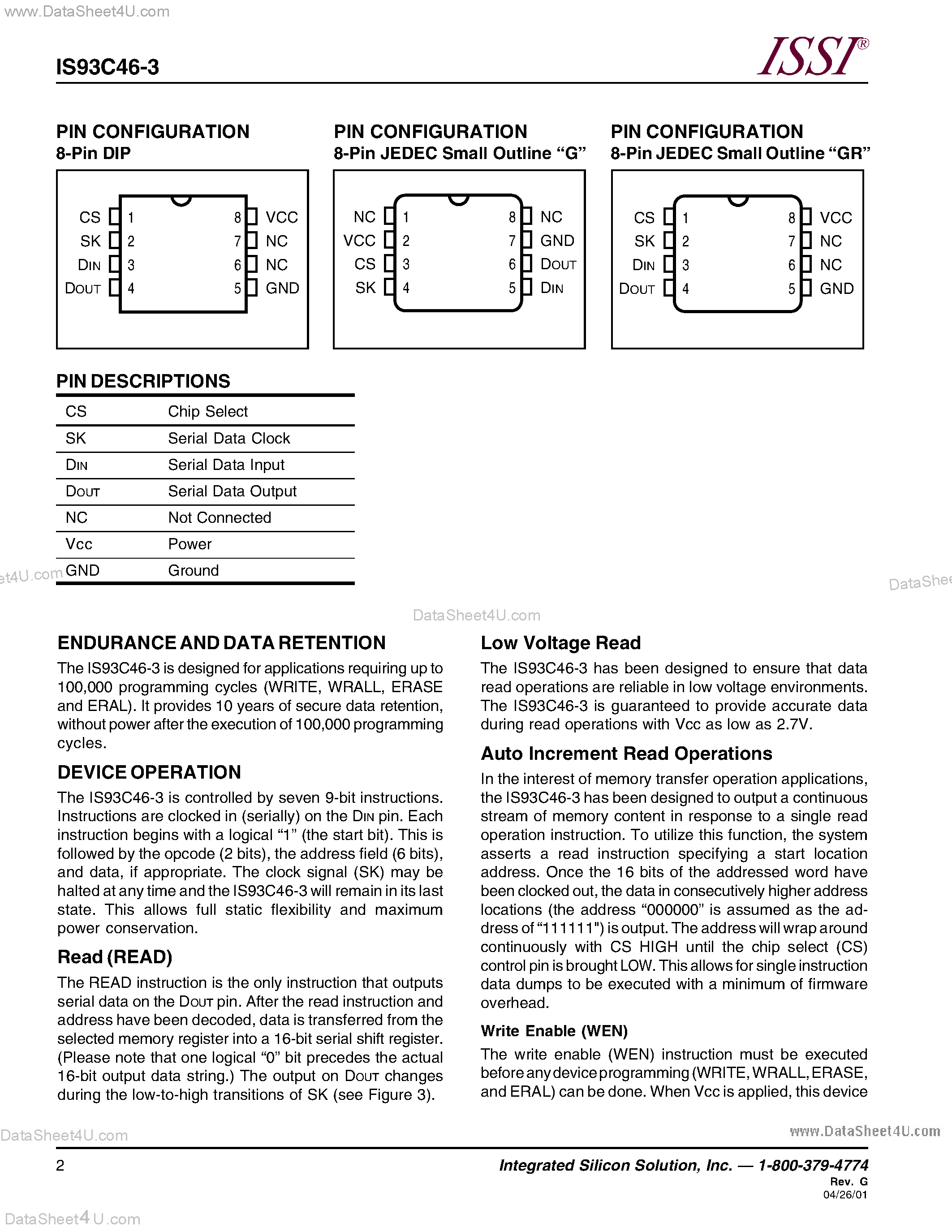 Datasheet IS93C46-3 - 1024-BIT SERIAL ELECTRICALLY ERASABLE PROM page 2