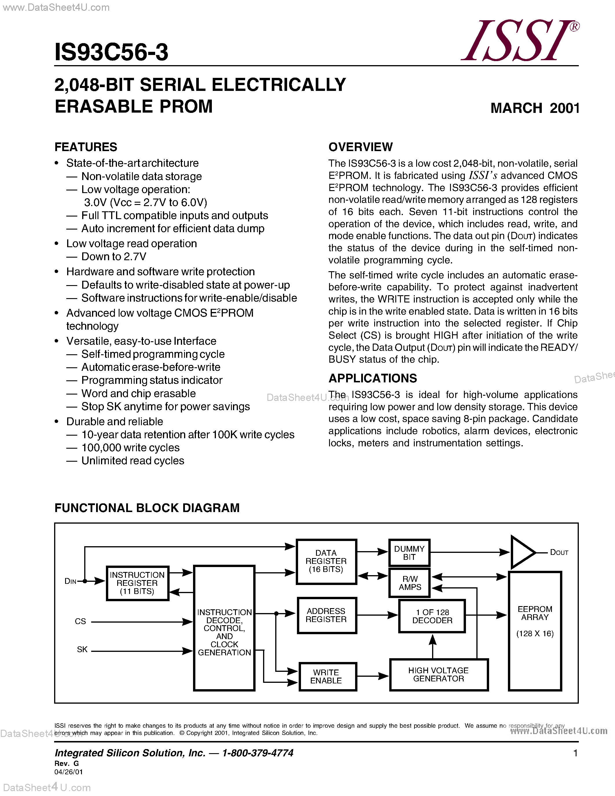 Datasheet IS93C56-3 - 2048-BIT SERIAL ELECTRICALLY ERASABLE PROM page 1