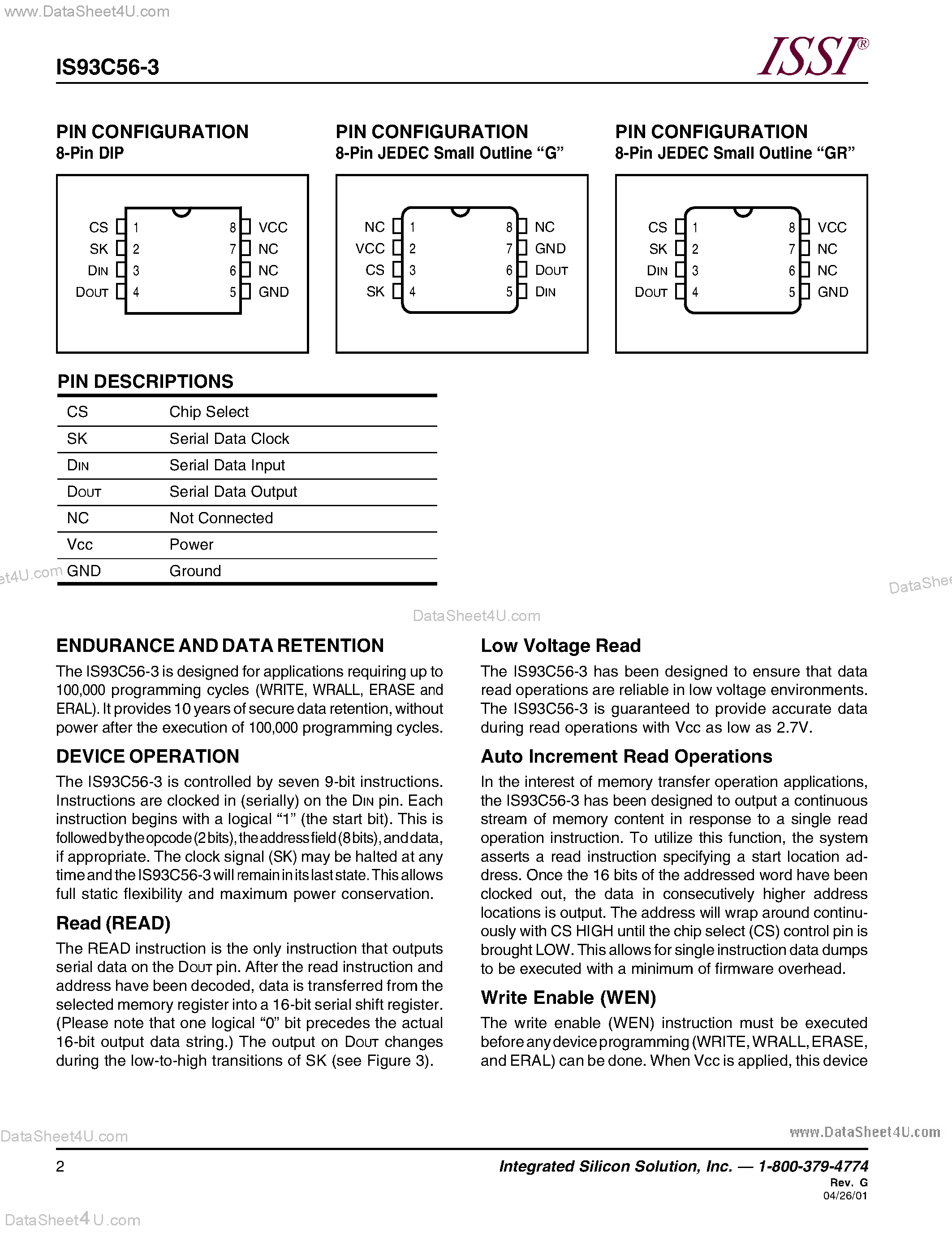 Datasheet IS93C56-3 - 2048-BIT SERIAL ELECTRICALLY ERASABLE PROM page 2