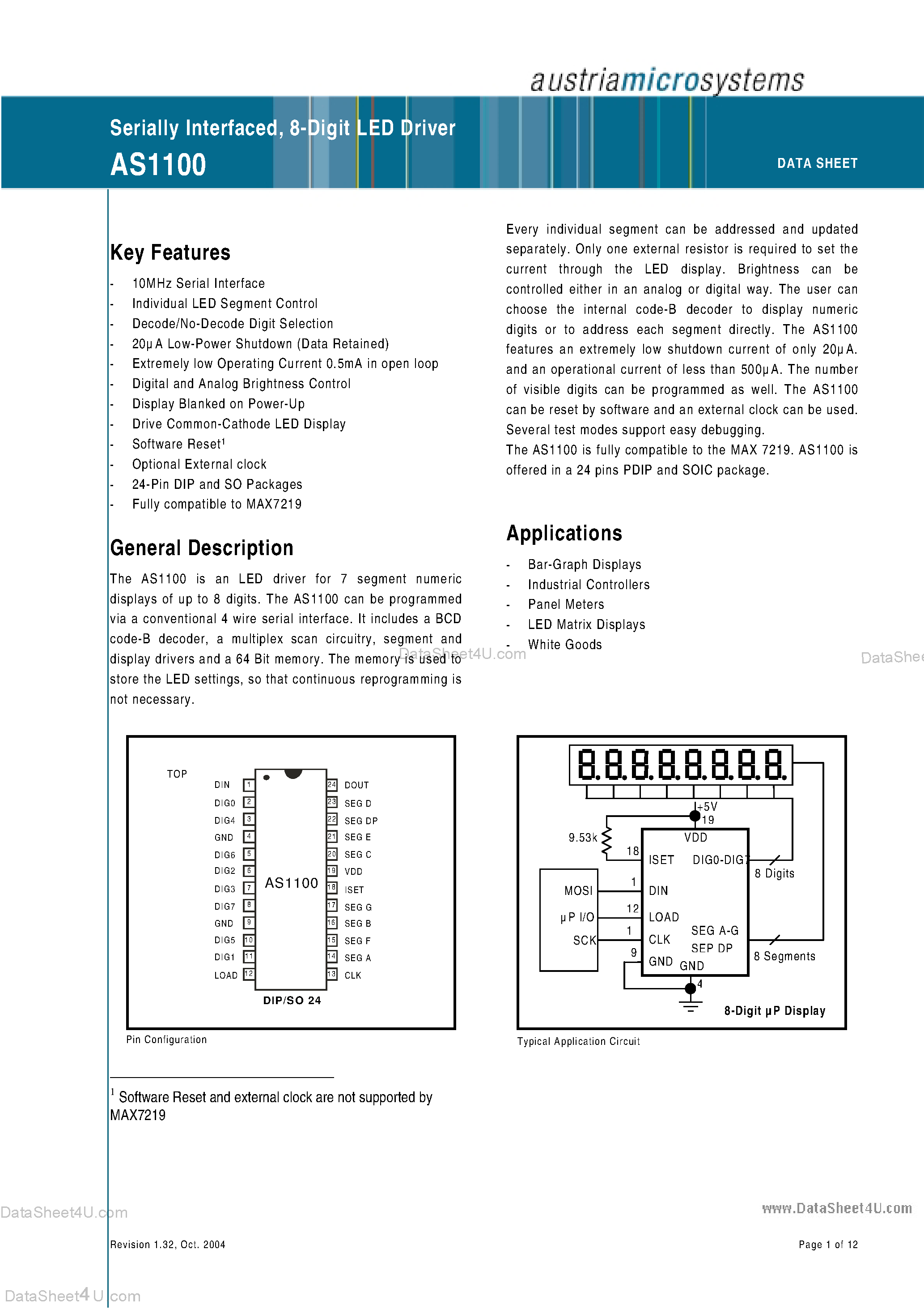 Даташит на микросхему AS1100 страница 1 Даташит AS1100 - Serially Interfaced 8-Digit LED Driver страница 1