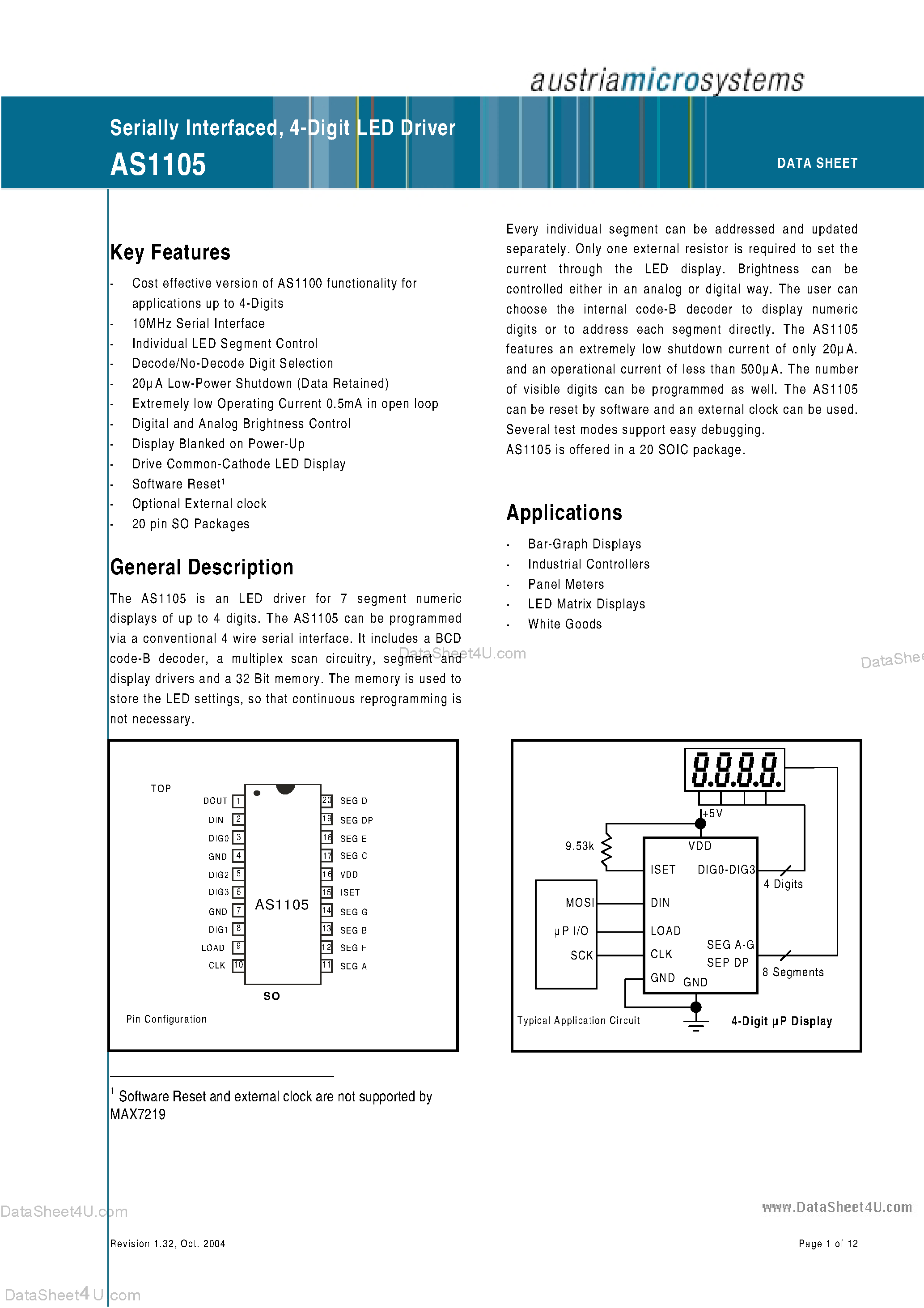 Datasheet AS1105 - Serially Interfaced 4-Digit LED Driver page 1