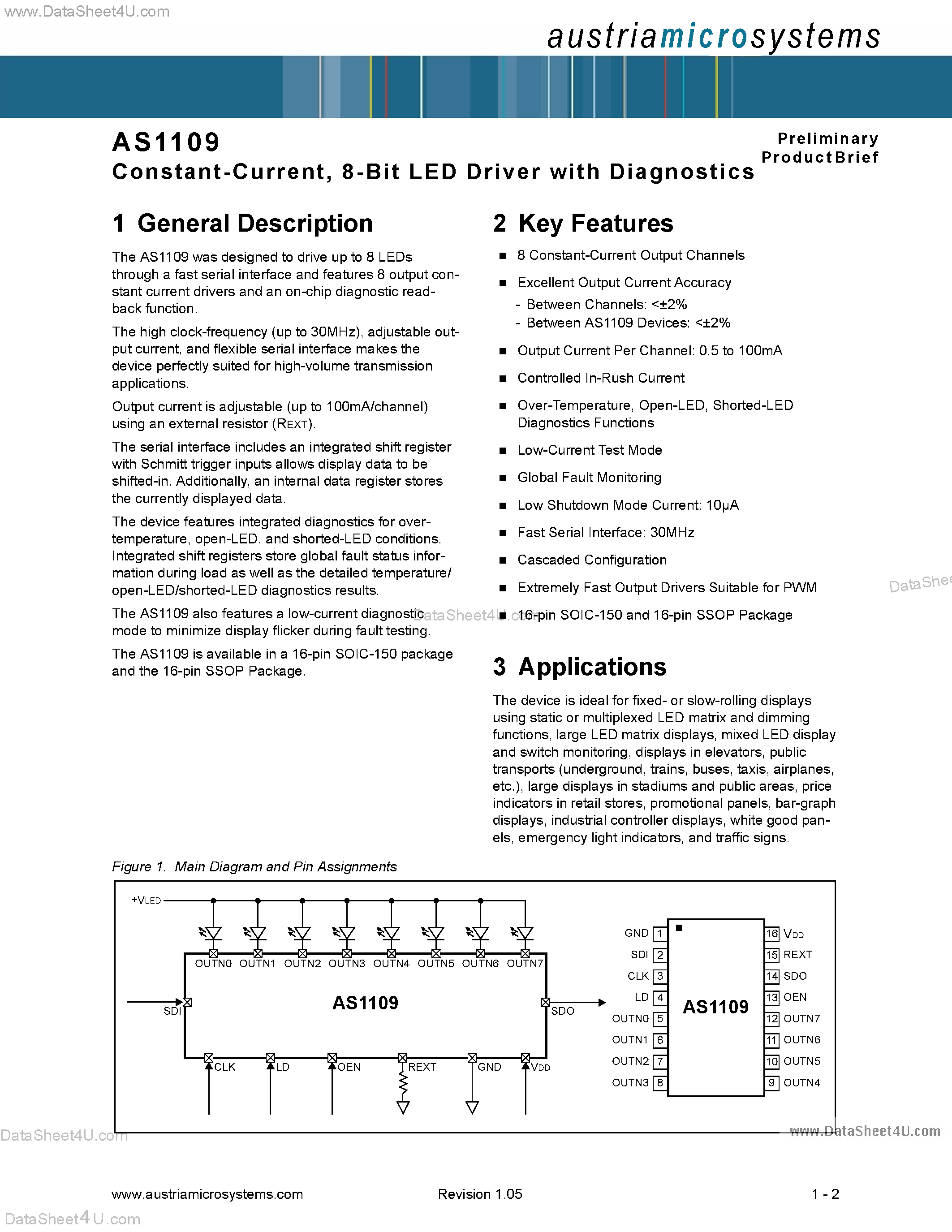 Даташит на микросхему AS1109 страница 1 Даташит AS1109 - Constant-Current 8-Bit LED Driver with Diagnostics страница 1