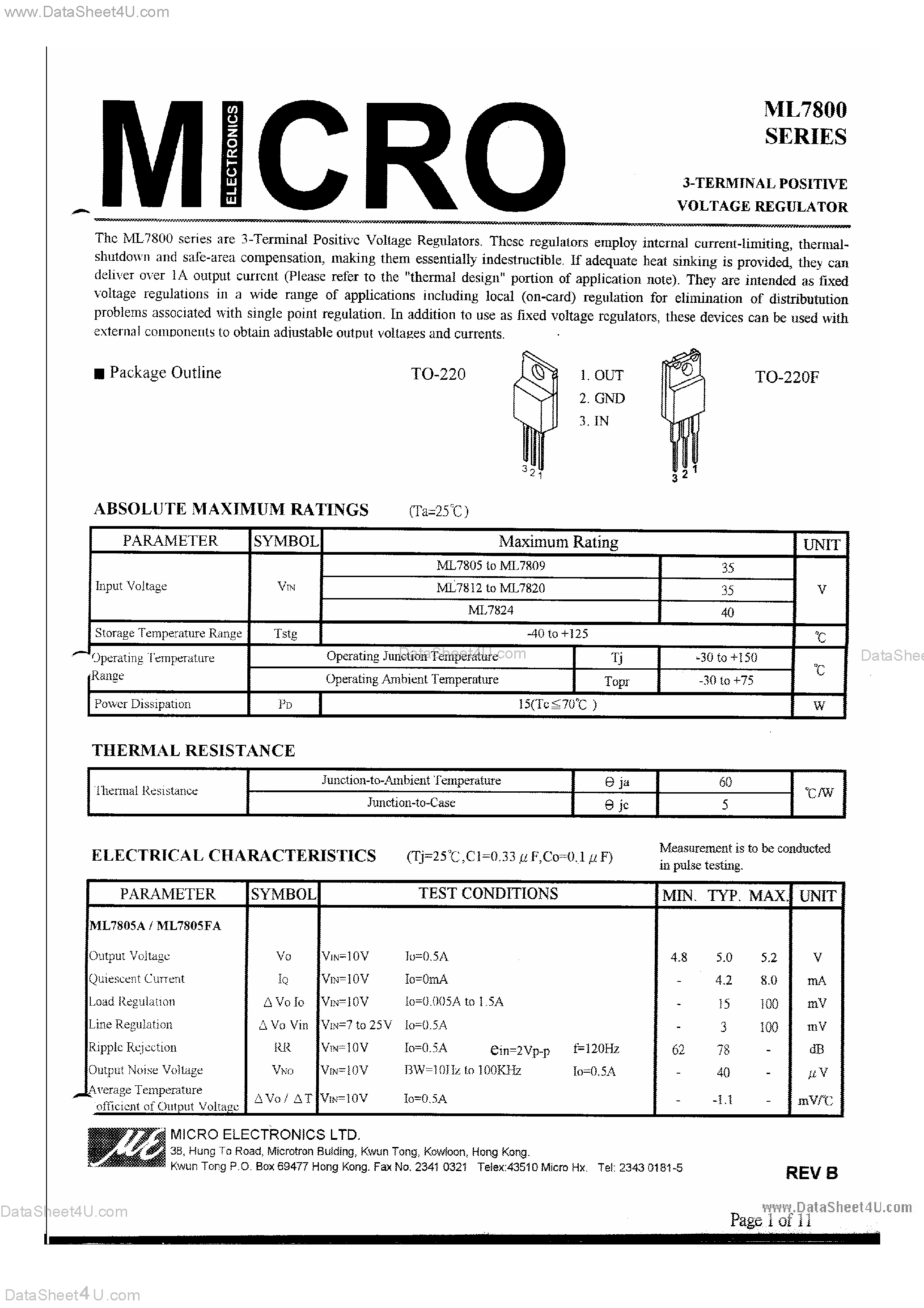 Datasheet ML7805A - 3-Teminal Positive Voltage Regulator page 1