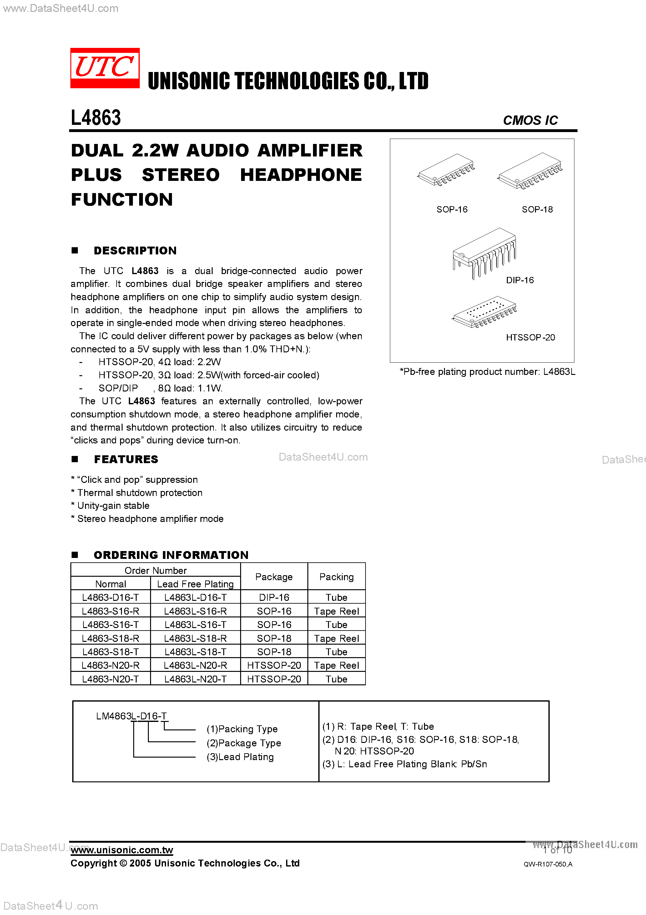 Datasheet L-4863 page 1 Datasheet L-4863 - Dual 2.2W Audio Amplifier Plus Stereo Headphone Function page 1