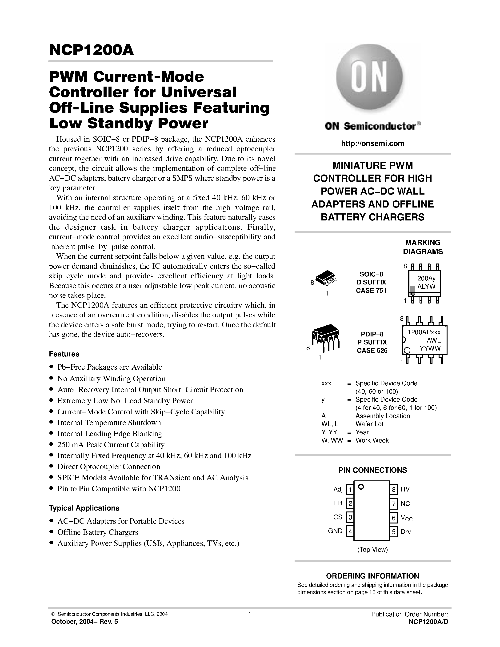 Даташит NCP1200A - PWM Current-Mode Controller for Universal Off-Line Supplies Featuring Low Standby Power страница 1