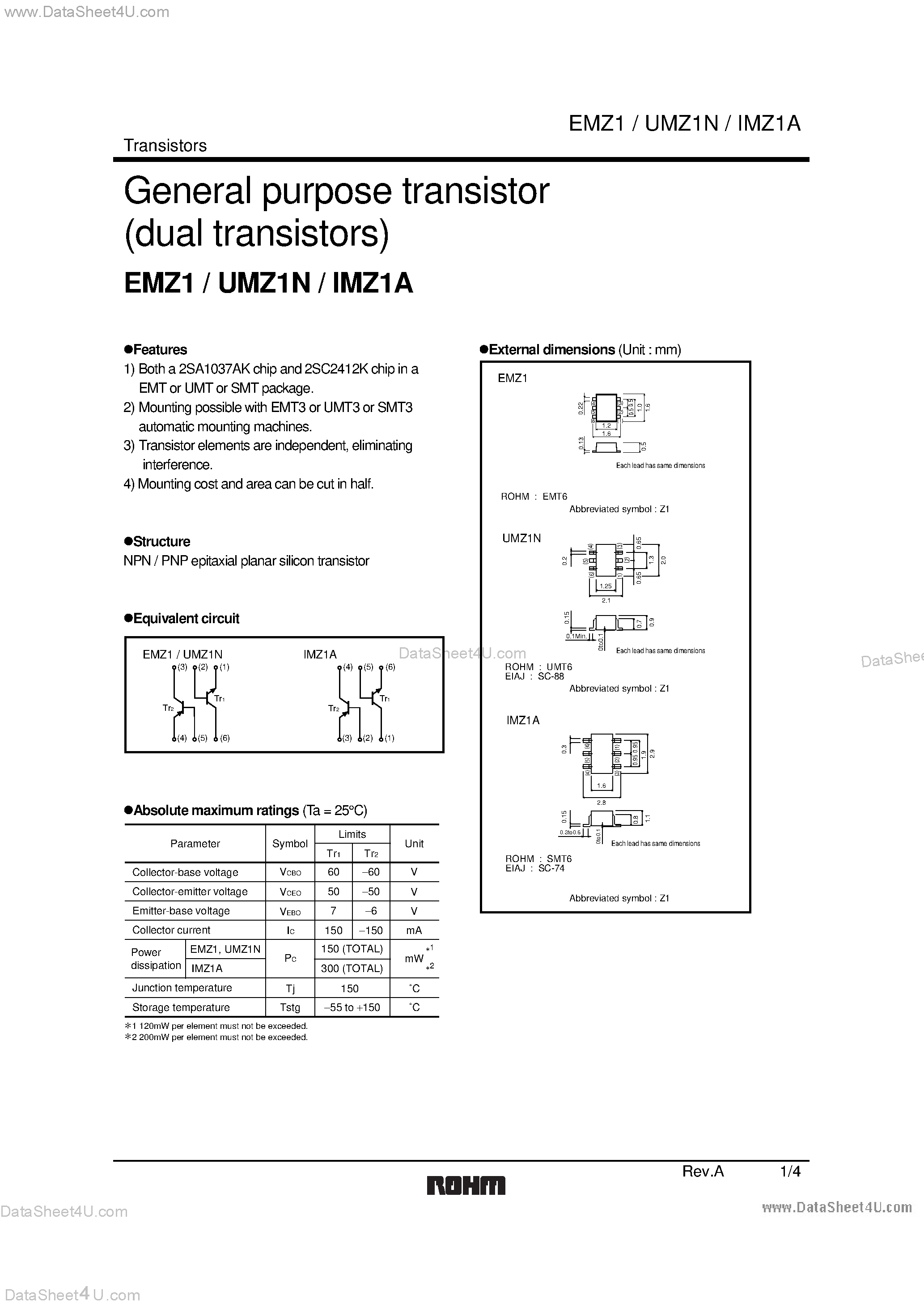 Datasheet EMZ1 page 1 Datasheet EMZ1 - General purpose transistor (dual transistors) page 1
