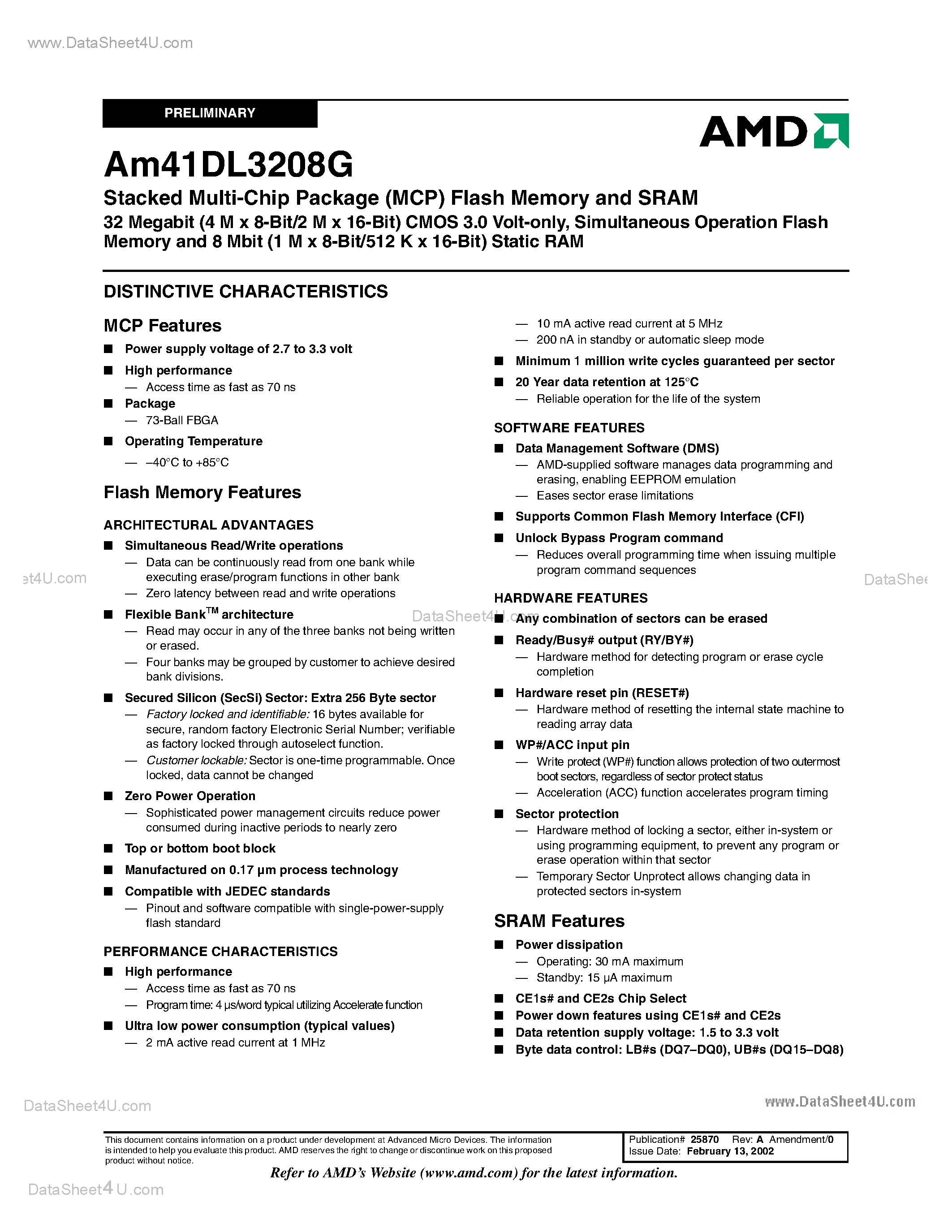 Datasheet AM41DL3208G - Stacked Multi-Chip Package (MCP) Flash Memory and SRAM page 2