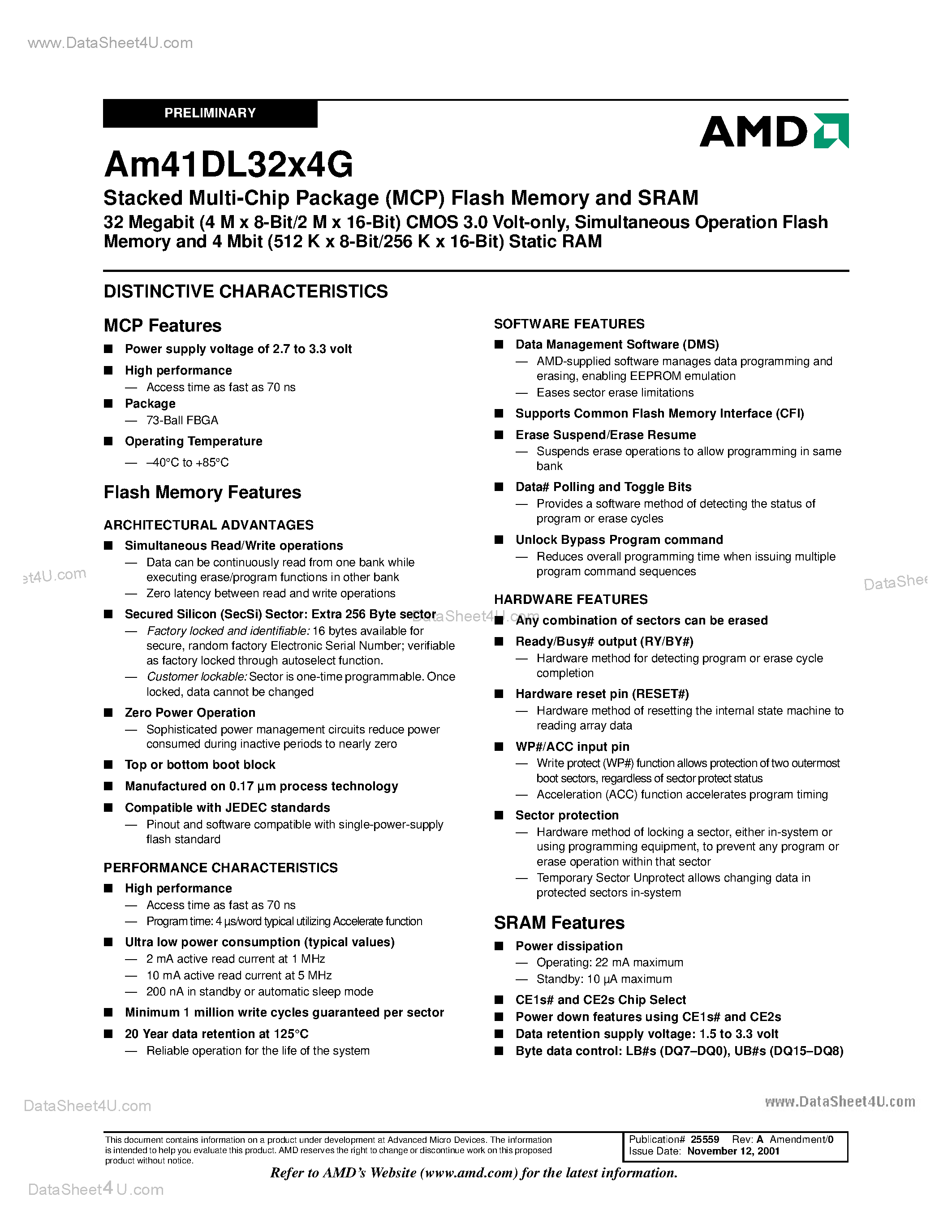 Datasheet AM41DL32X4G - Stacked Multi-Chip Package (MCP) Flash Memory and SRAM page 2