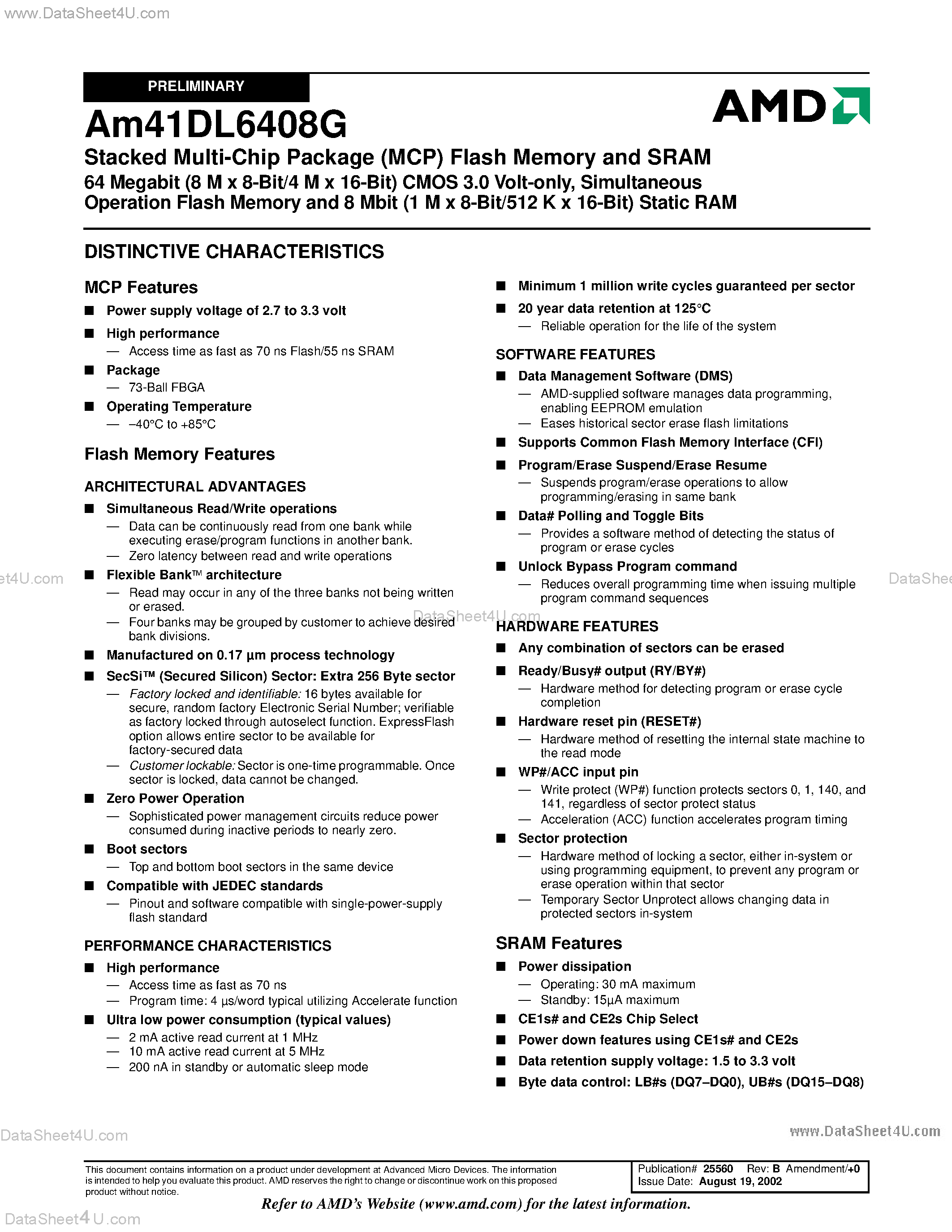 Даташит AM41DL6408G - Stacked Multi-Chip Package (MCP) Flash Memory and SRAM страница 2