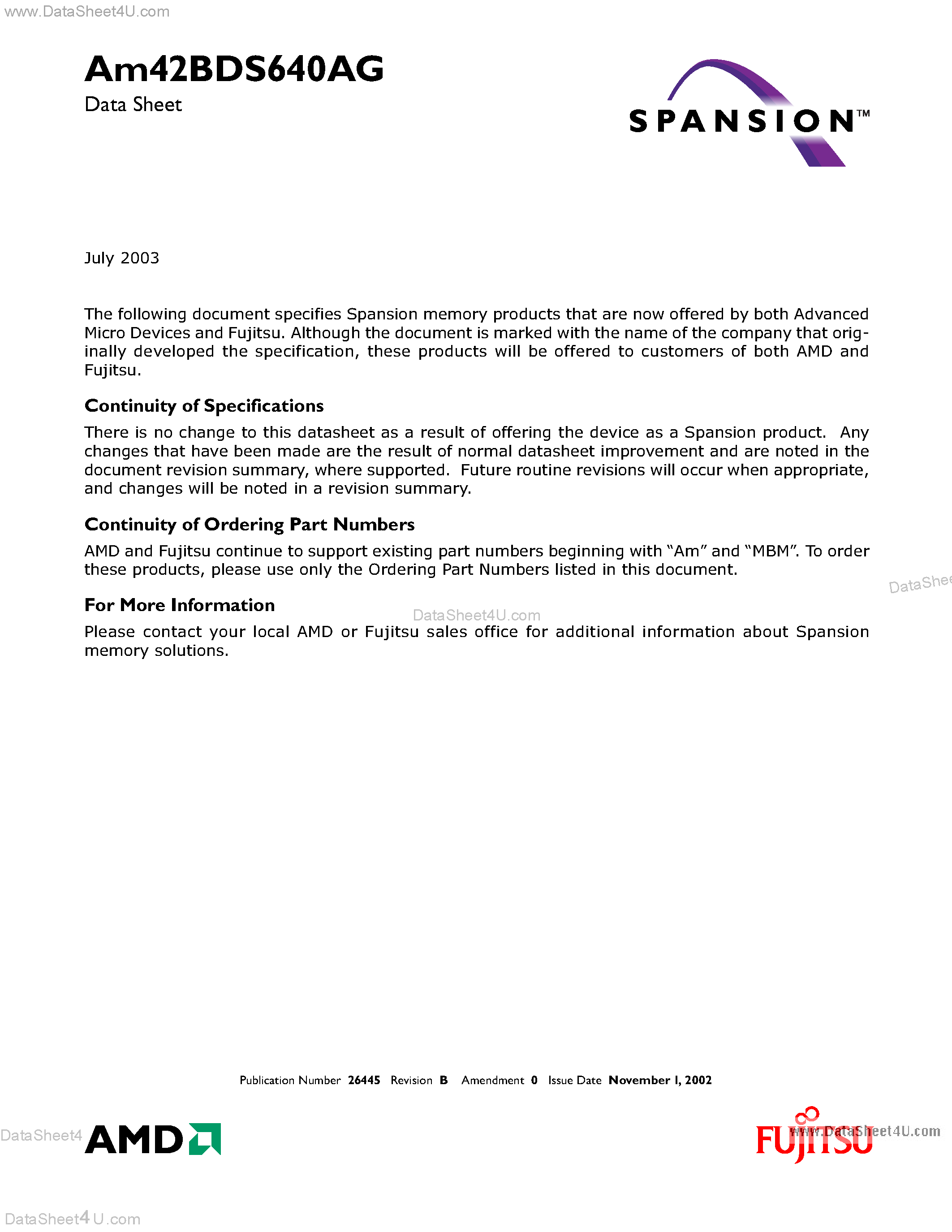Datasheet AM42BDS640AG page 1 Datasheet AM42BDS640AG - Stacked Multi-Chip Package (MCP) Flash Memory and SRAM page 1