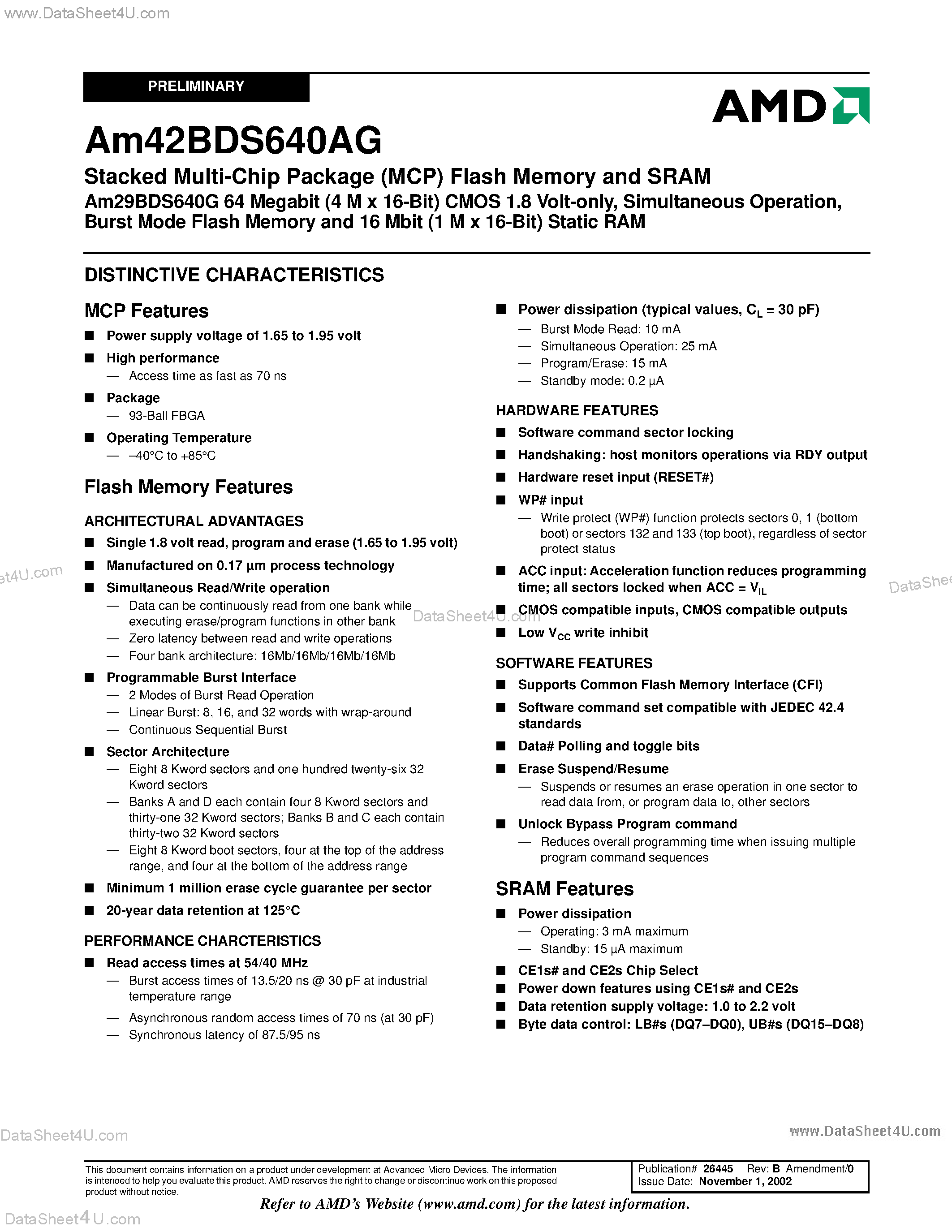 Datasheet AM42BDS640AG page 2 Datasheet AM42BDS640AG - Stacked Multi-Chip Package (MCP) Flash Memory and SRAM page 2