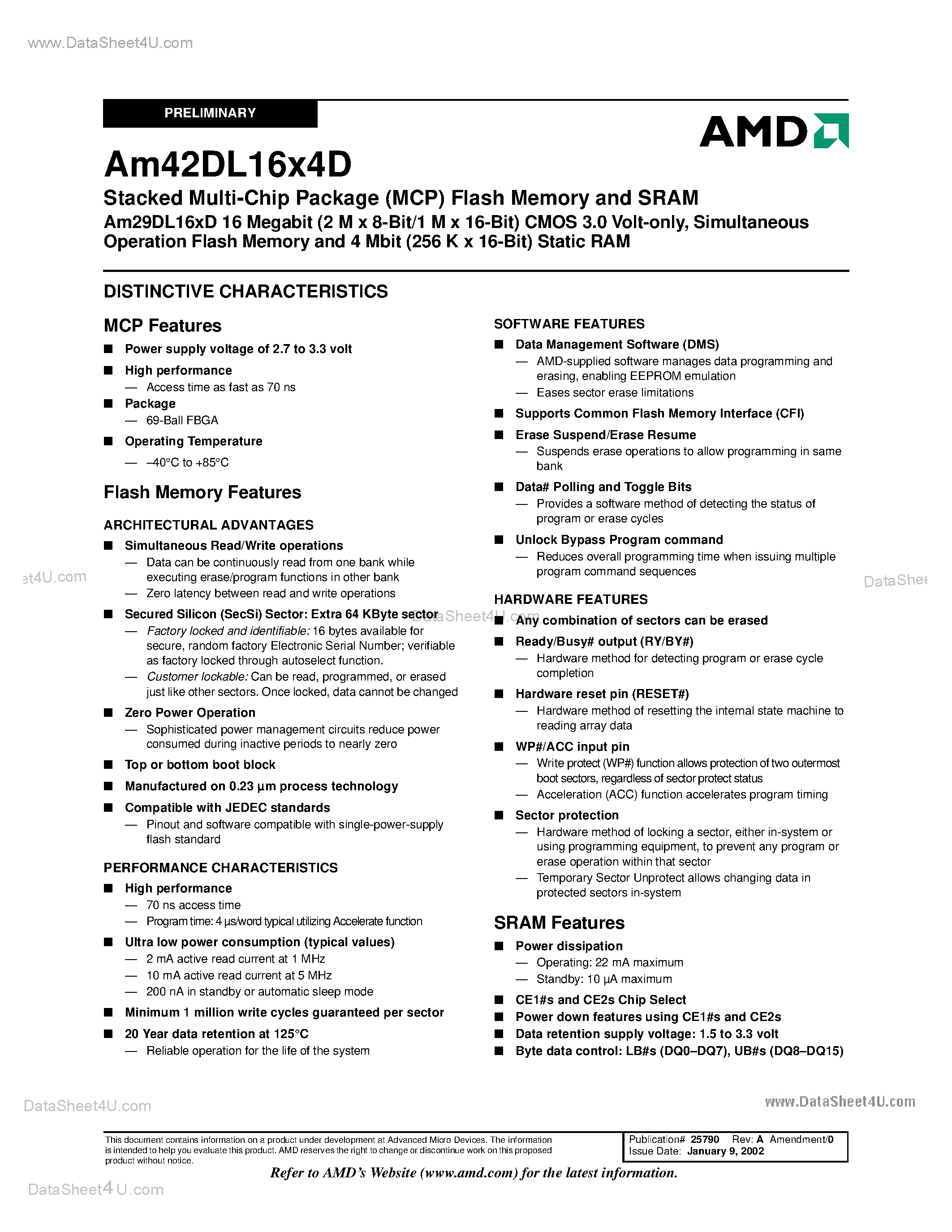 Datasheet AM42DL16X4D page 2 Datasheet AM42DL16X4D - Stacked Multi-Chip Package (MCP) Flash Memory and SRAM page 2