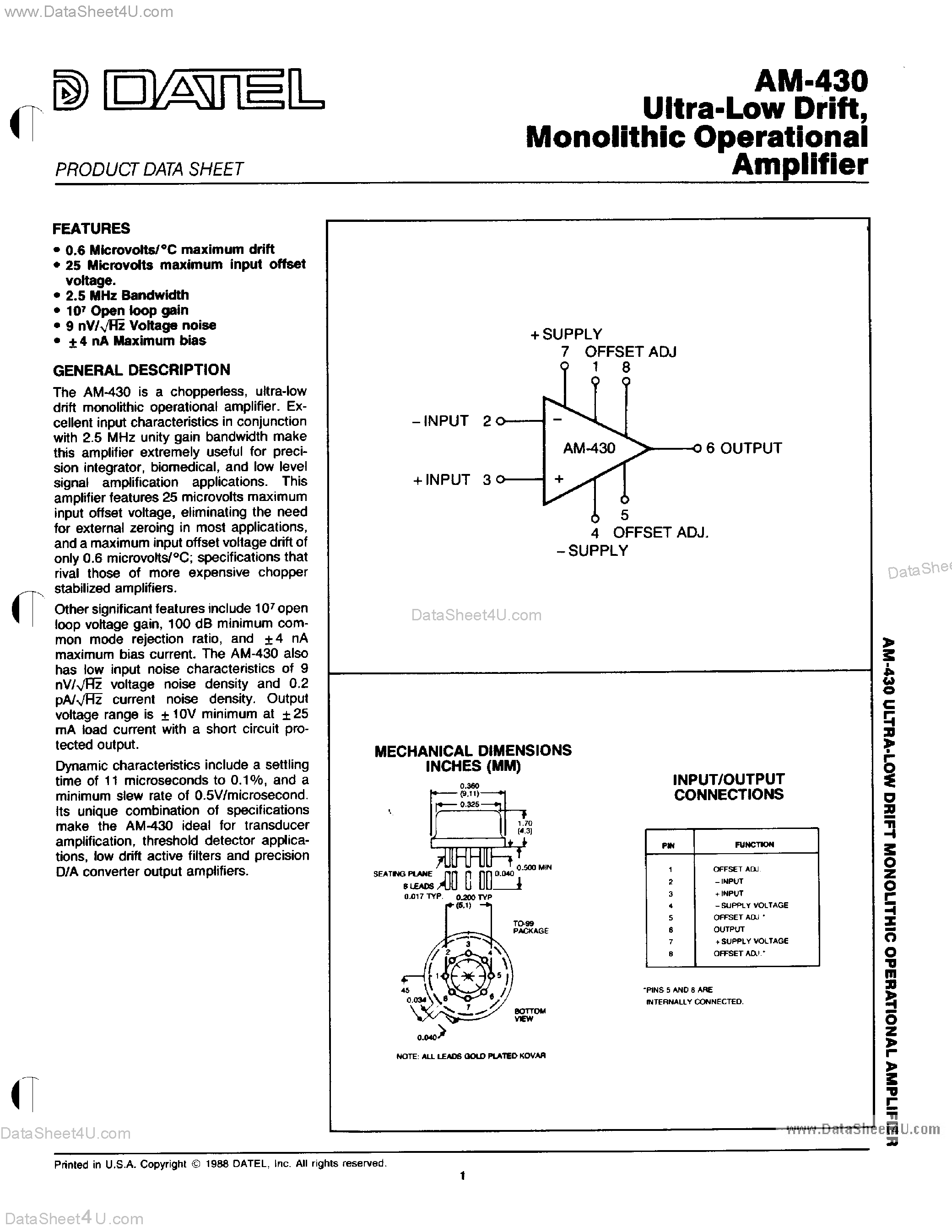 Datasheet AM430 page 1 Datasheet AM430 - Ultra Low Drift / Monolithic Operational Amplifier page 1