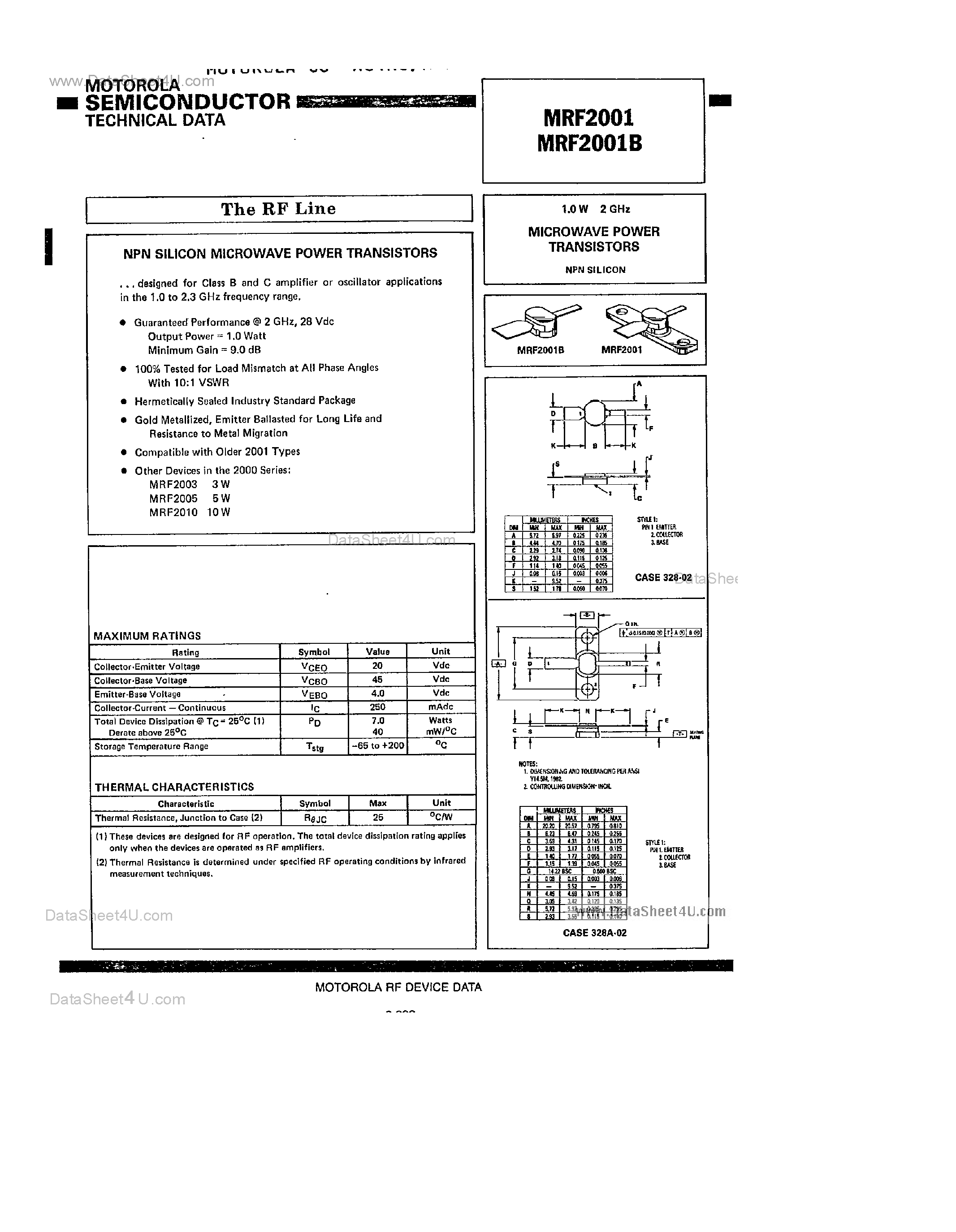 Datasheet MRF2001 page 1 Datasheet MRF2001 - Microwave Power Transistors page 1