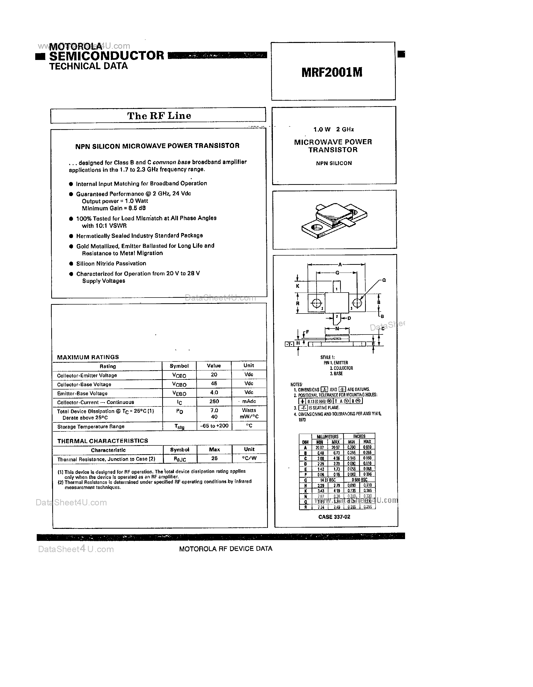 Datasheet MRF2001M page 1 Datasheet MRF2001M - Microwave Power Transistors page 1