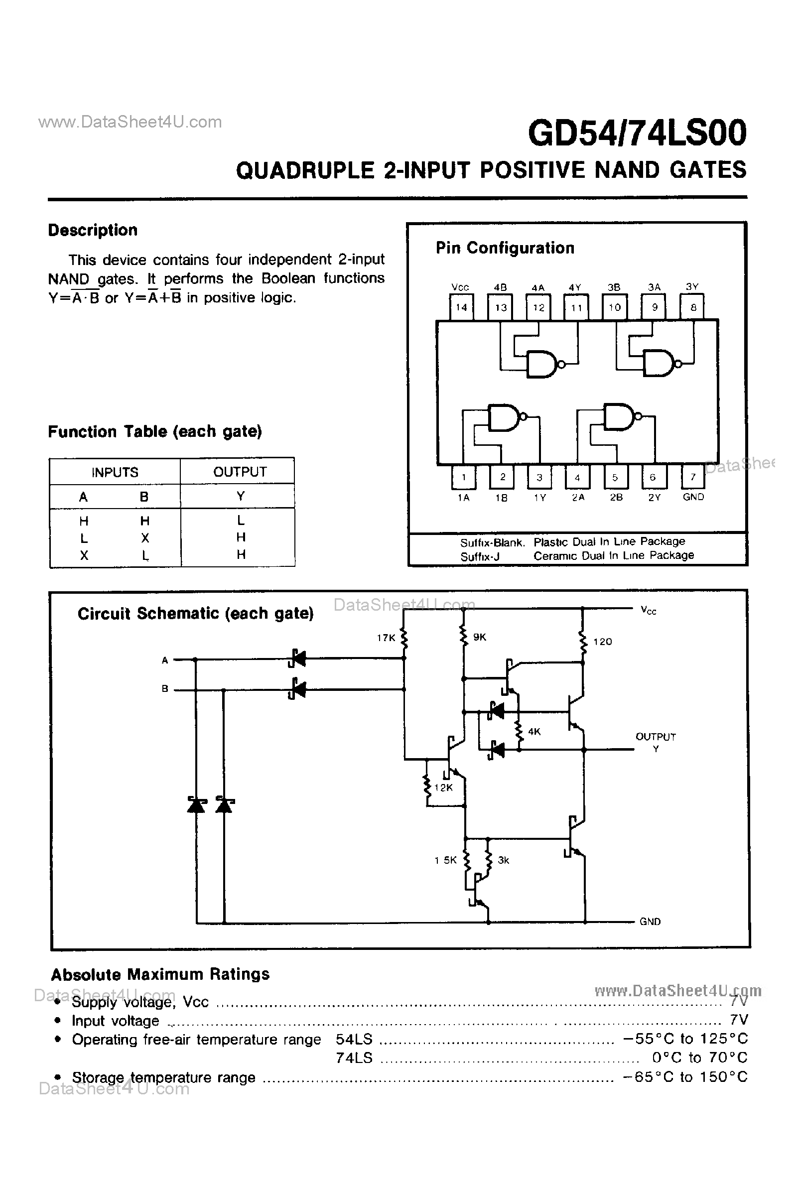 Даташит на микросхему GD74LS00 страница 1 Даташит GD74LS00 - Quadruple 2-Input Positive NAND Gates страница 1