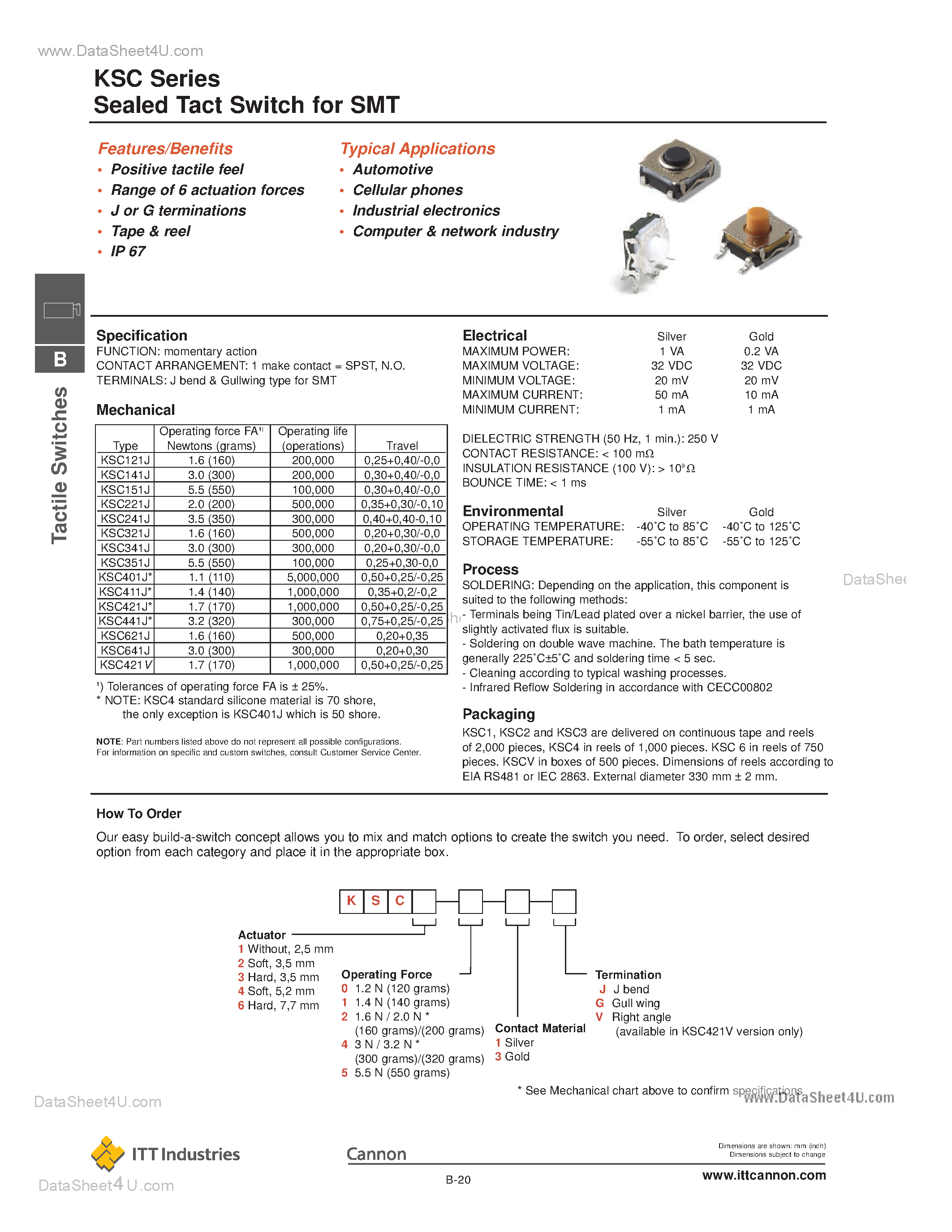 Datasheet KSC121J page 1 Datasheet KSC121J - (KSC Series) Sealed Tact Switch page 1