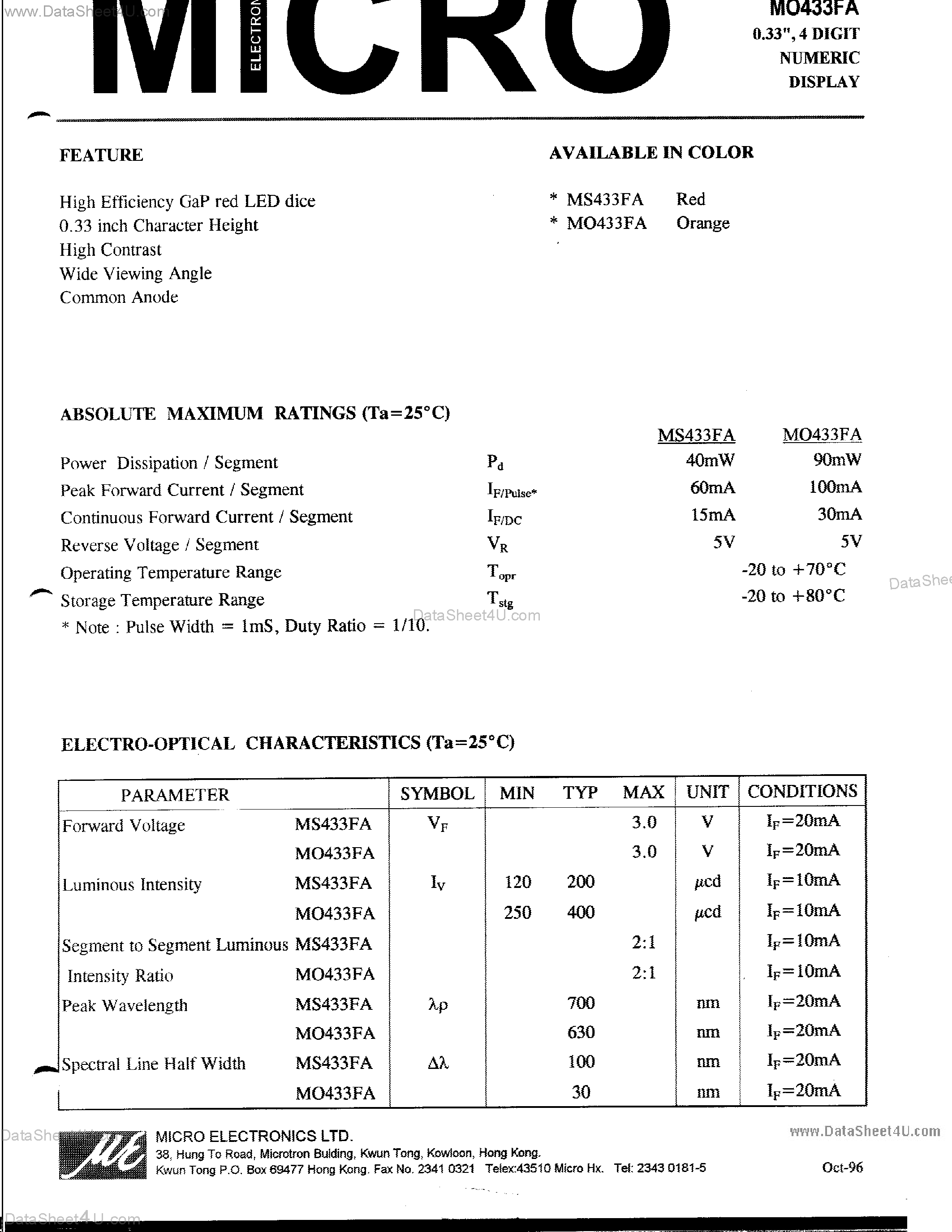 Datasheet MO433FA - 4 DIGIT NUMERIC DISPLAY page 1