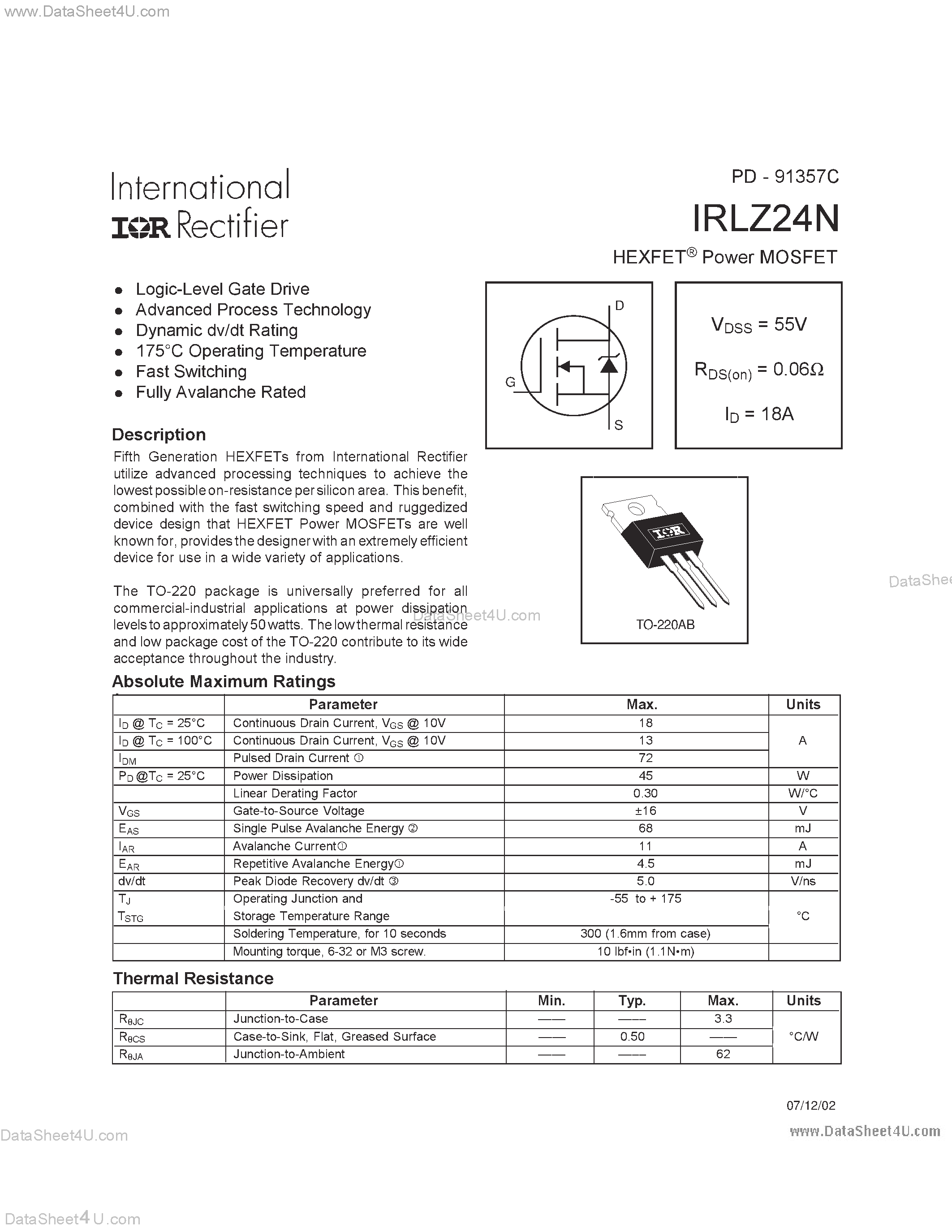 Datasheet IRLZ24N - HEXFET POWER MOSFET page 1