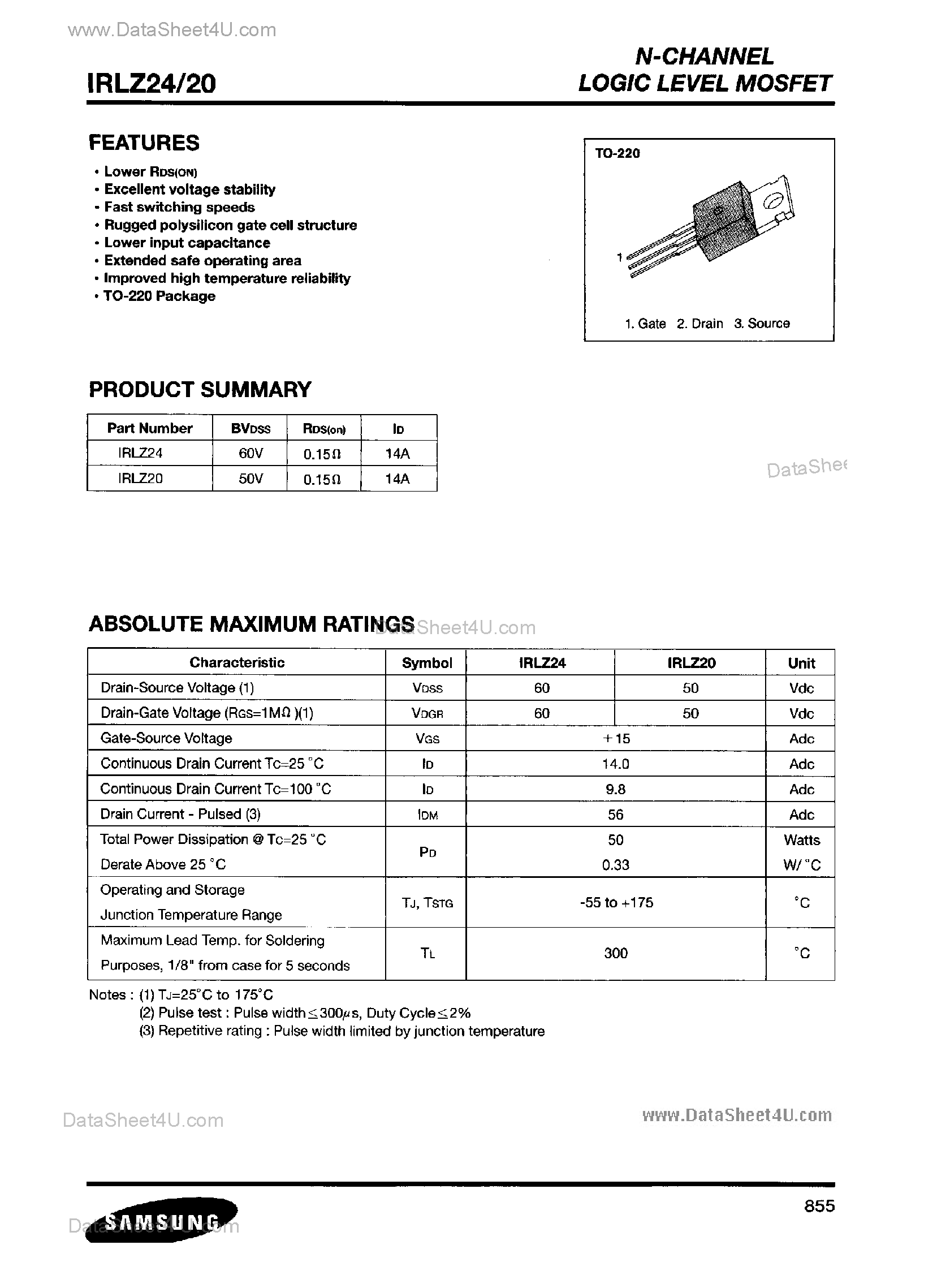 Datasheet IRLZ20 - (IRLZ20 / IRLZ24) N-Channel Logic Level MOSFET page 1