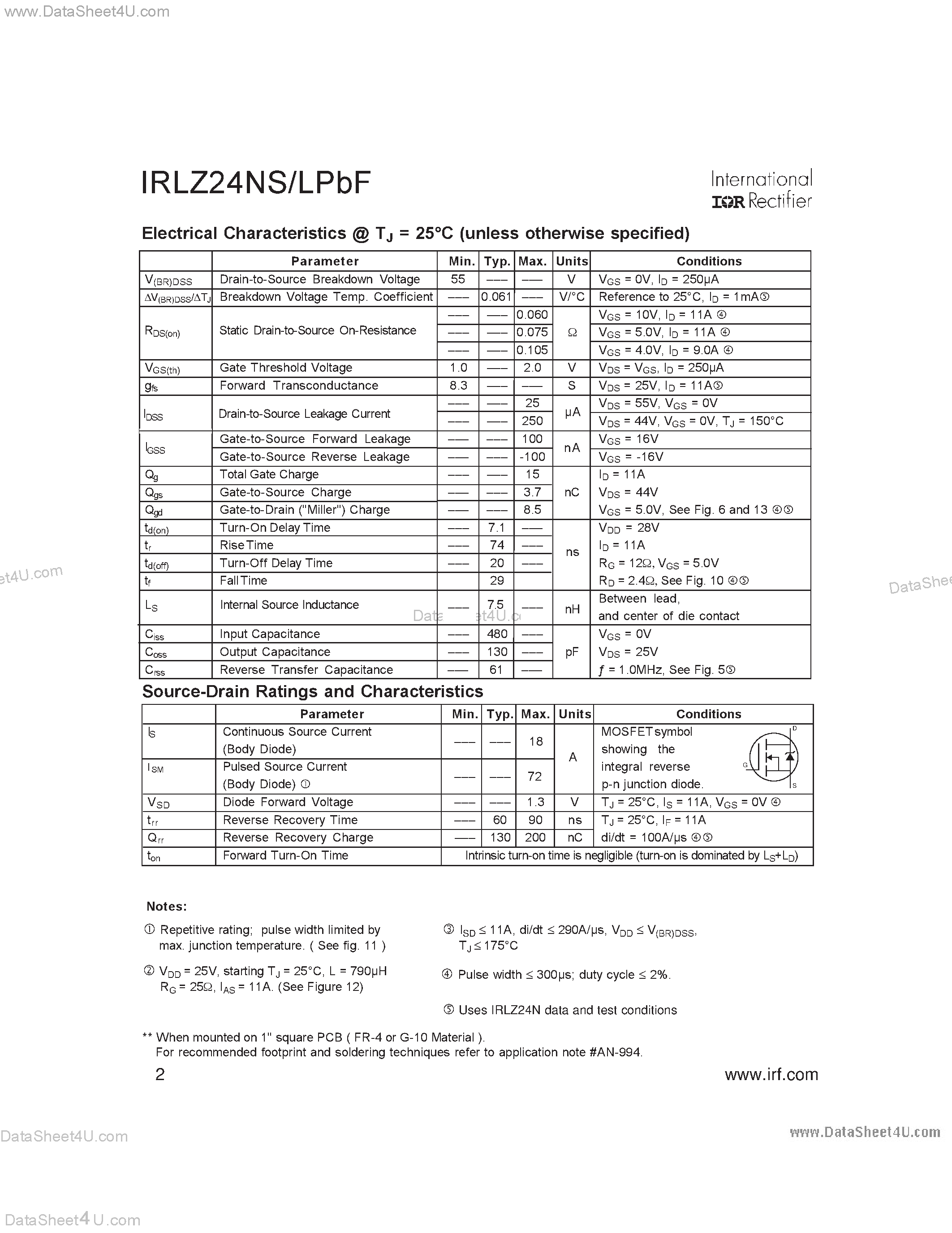 Datasheet IRLZ24NLPBF - (IRLZ24NSPBF / IRLZ24NLPBF) Power MOSFET page 2