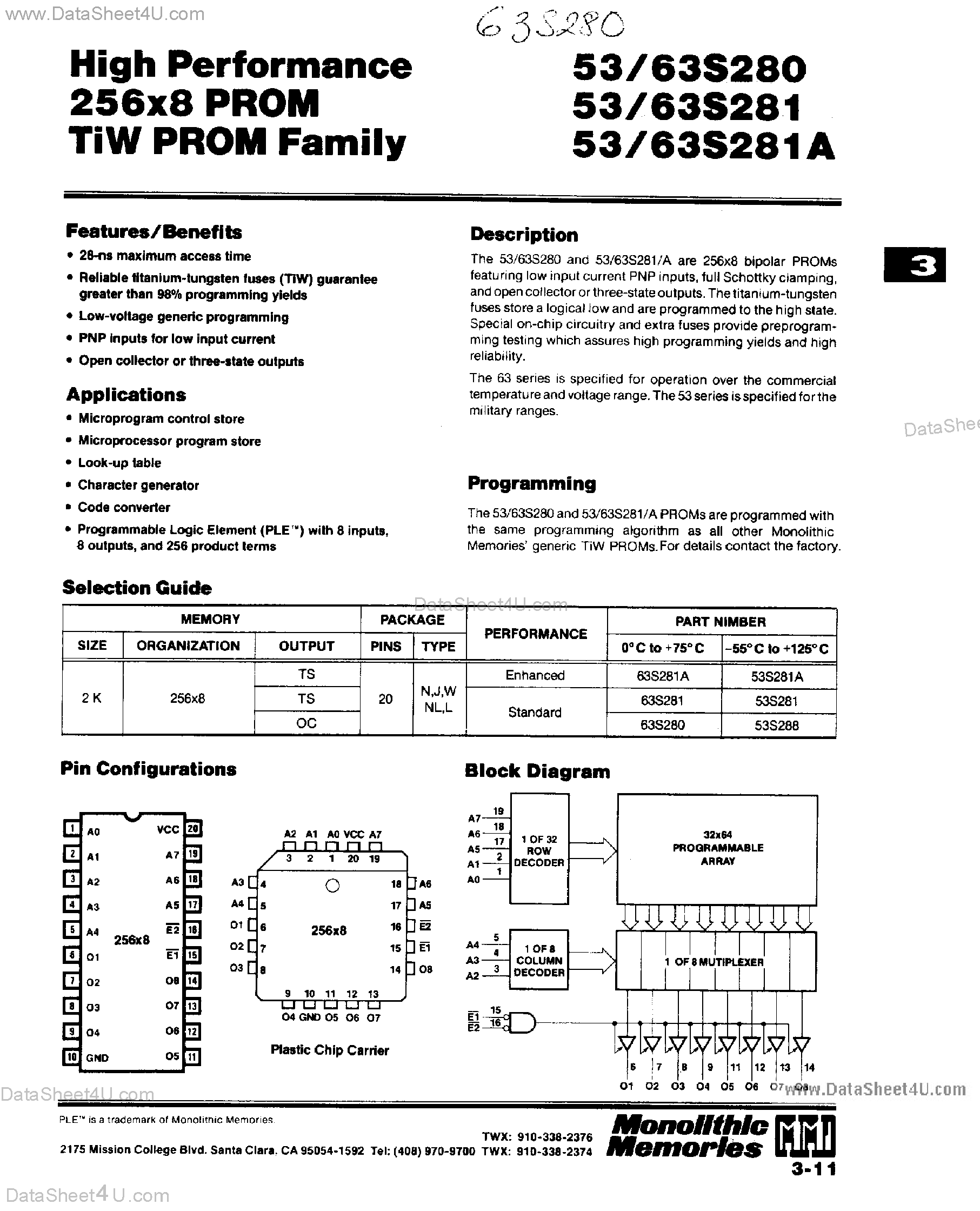 Datasheet 63S280 - (63S28x) High Performance 256 x 8 PROM TiW PROM page 1