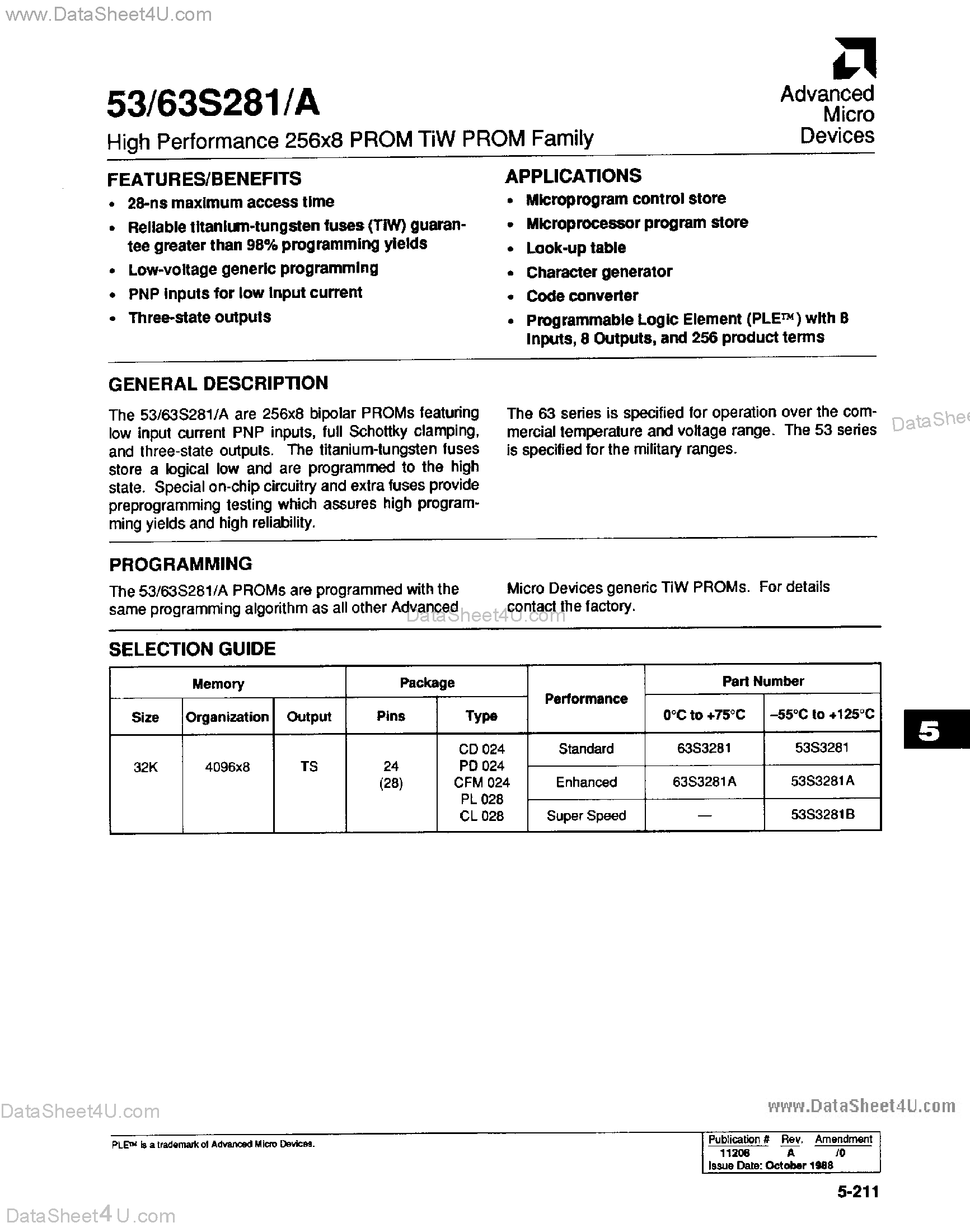 Datasheet 63S281 - High Performance 256 x 8 PROM TiW PROM page 1