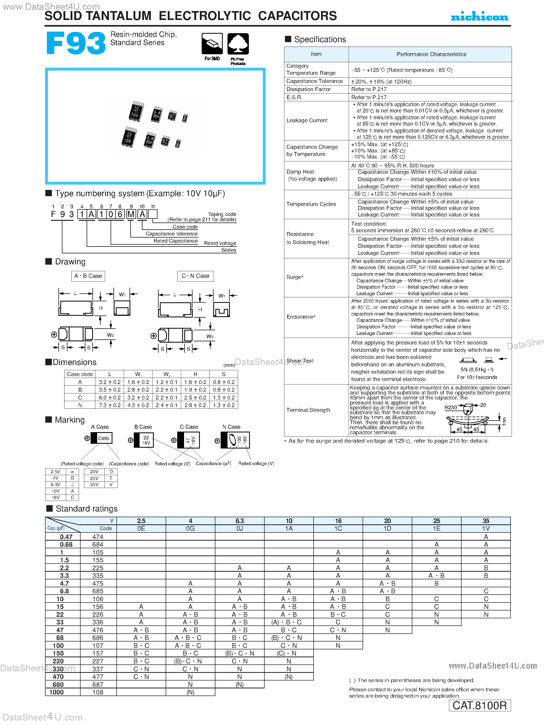 Datasheet F930Exxxxxx page 1 Datasheet F930Exxxxxx - (F93 Series) Solid Tantalum Electrolytic Capacitors page 1