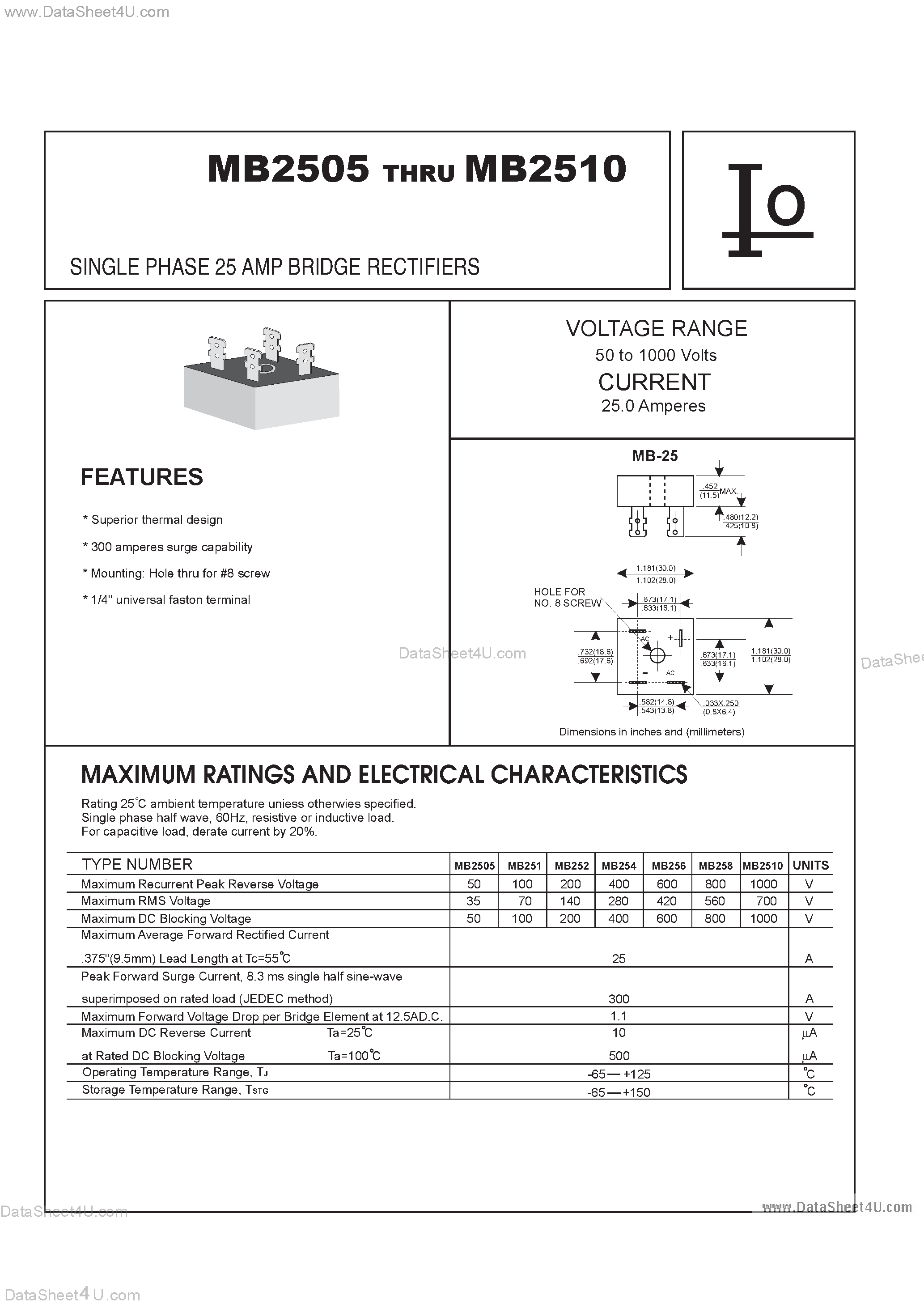 Datasheet MB2505 page 1 Datasheet MB2505 - (MB2505 - MB2510) SINGLE PHASE 25 AMP BRIDGE RECTIFIERS page 1