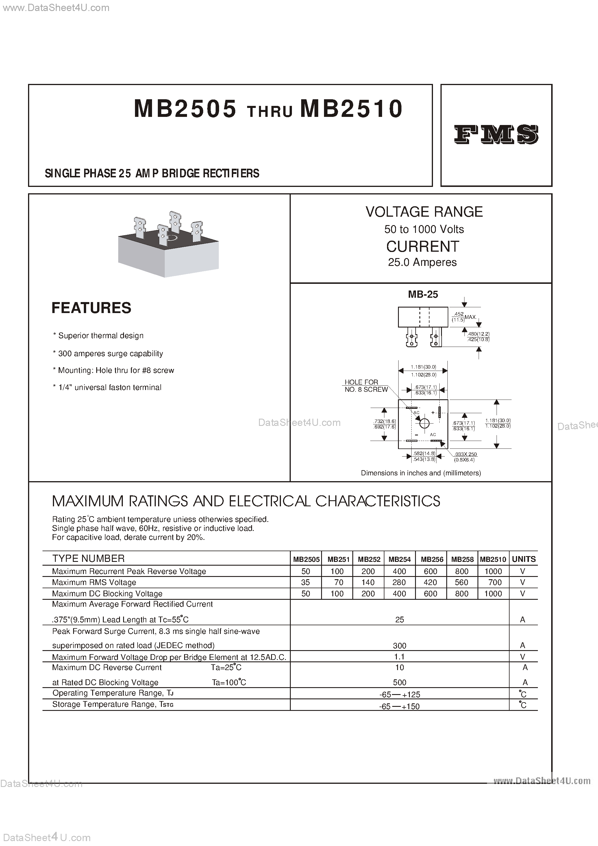Datasheet MB2505 page 1 Datasheet MB2505 - (MB2505 - MB2510) SINGLE PHASE 25 AMP BRIDGE RECTIFIERS page 1