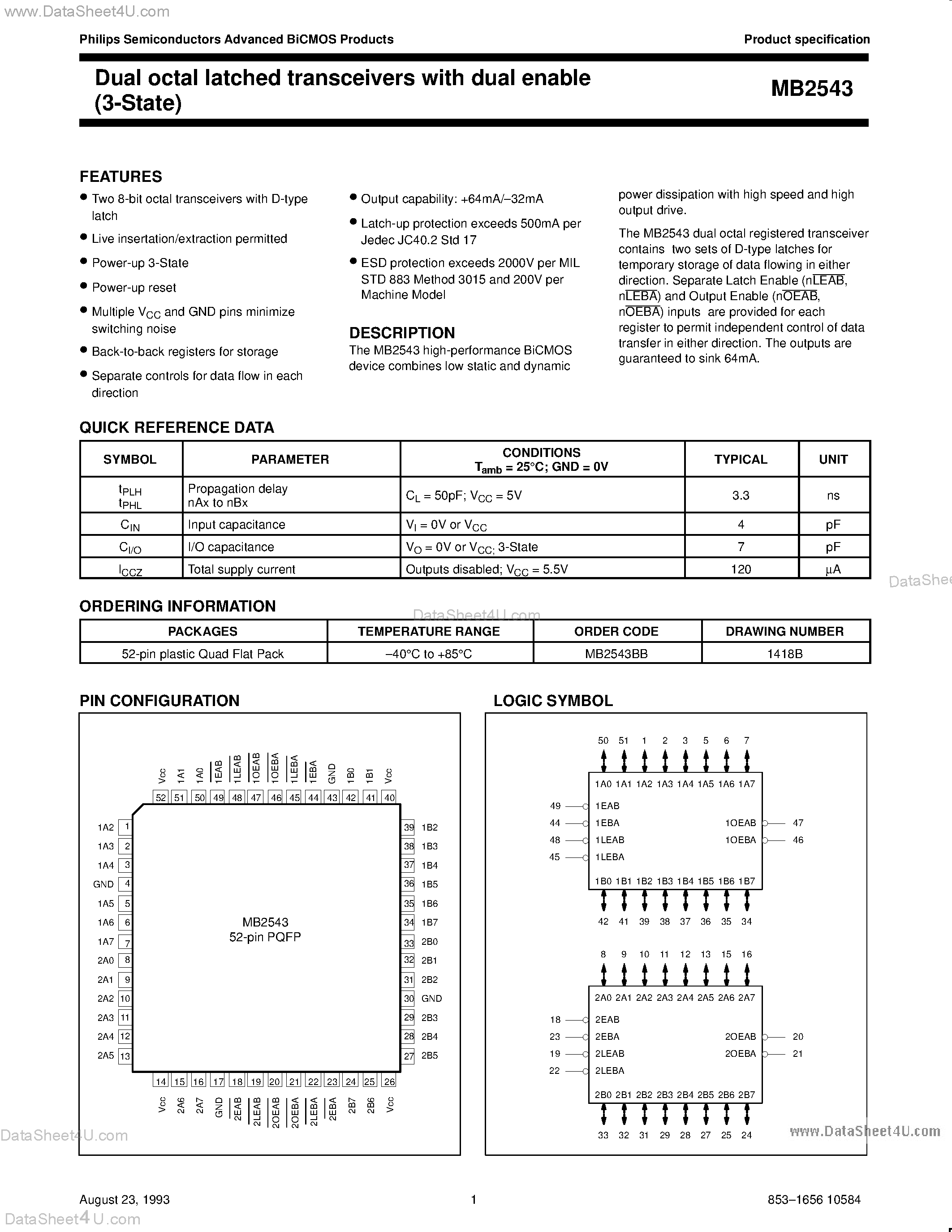 Datasheet MB2543 - Dual octal latched transceivers with dual enable 3-State page 1