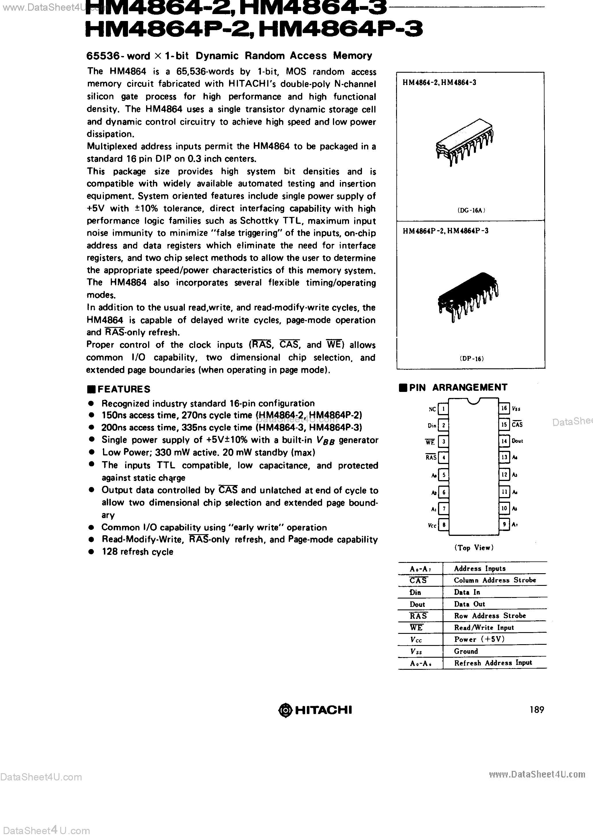 Даташит на микросхему HM4864-2 страница 1 Даташит HM4864-2 - (HM4864x-x) 65536 x 1-Bit DRAM страница 1
