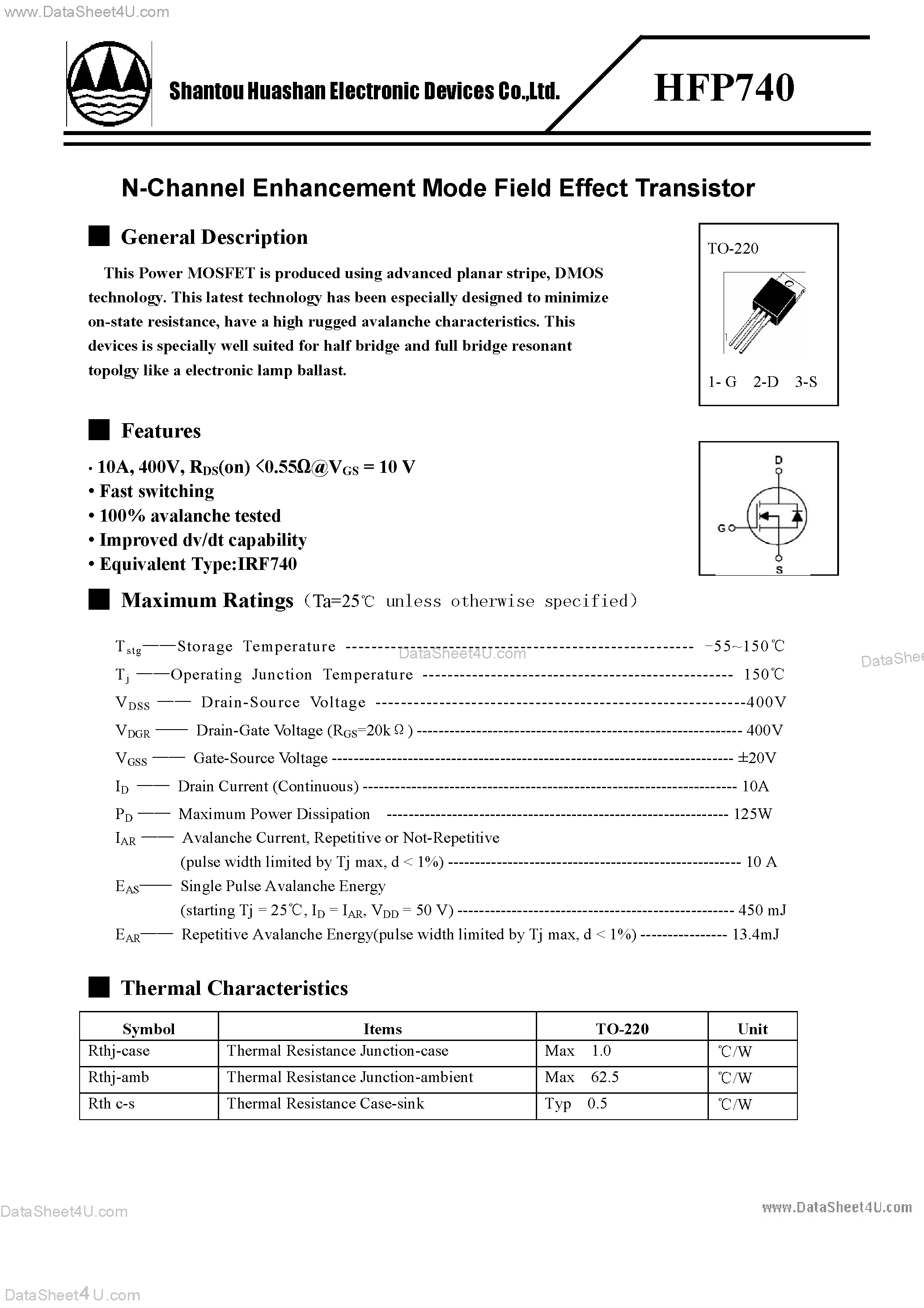 Datasheet HFP740 page 1 Datasheet HFP740 - N-Channel Enhancement Mode Field Effect Transistor page 1