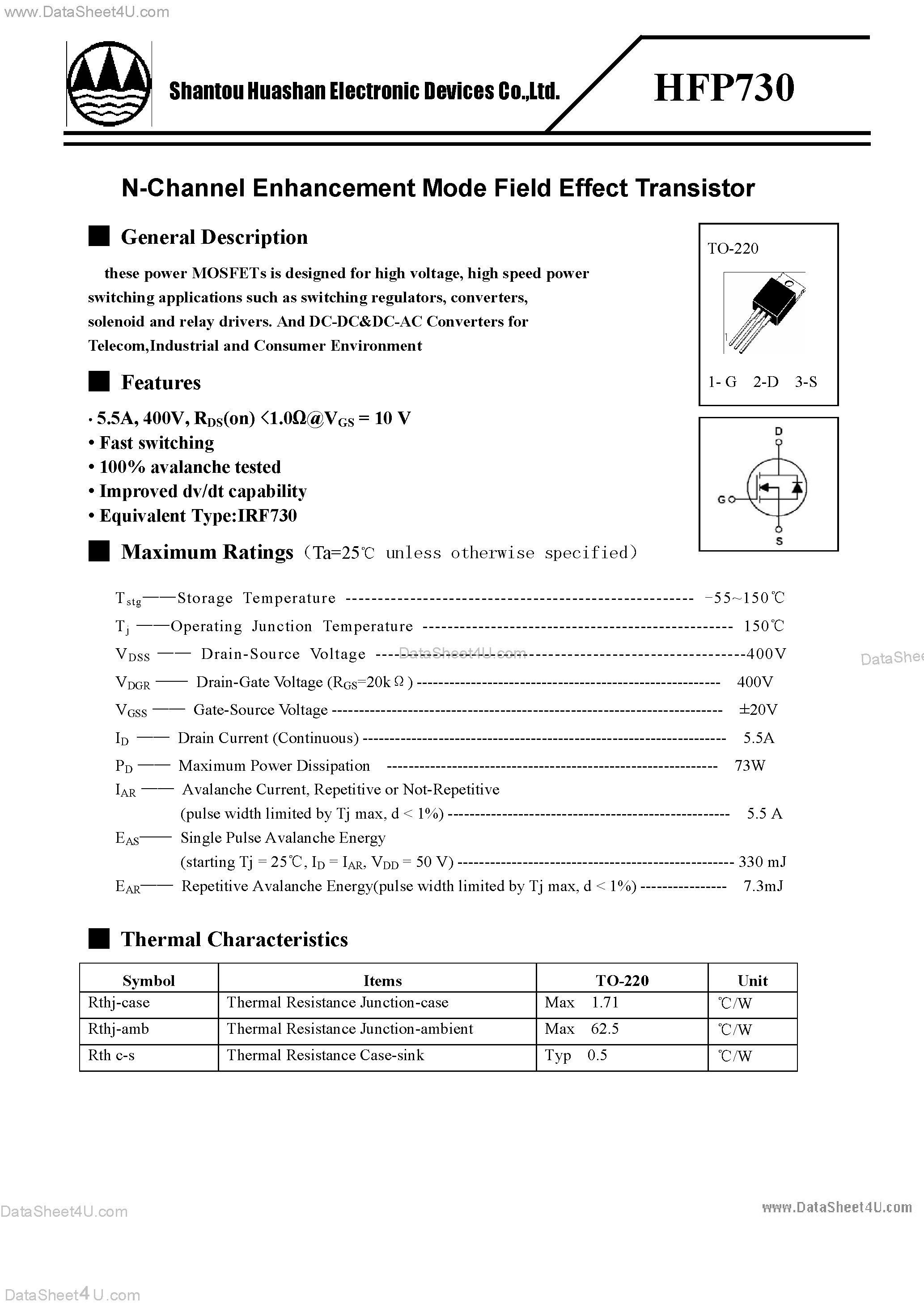 Datasheet HFP730 - N-Channel Enhancement Mode Field Effect Transistor page 1